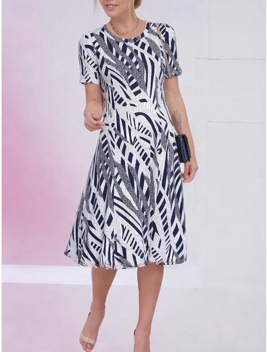 Women's Elegant Party Evening Midi Dress Crew Neck Short Sleeve Casual Dress Shift Dress Summer Dress Vintage Work Casual Loose Fit Geometric Gray Summer