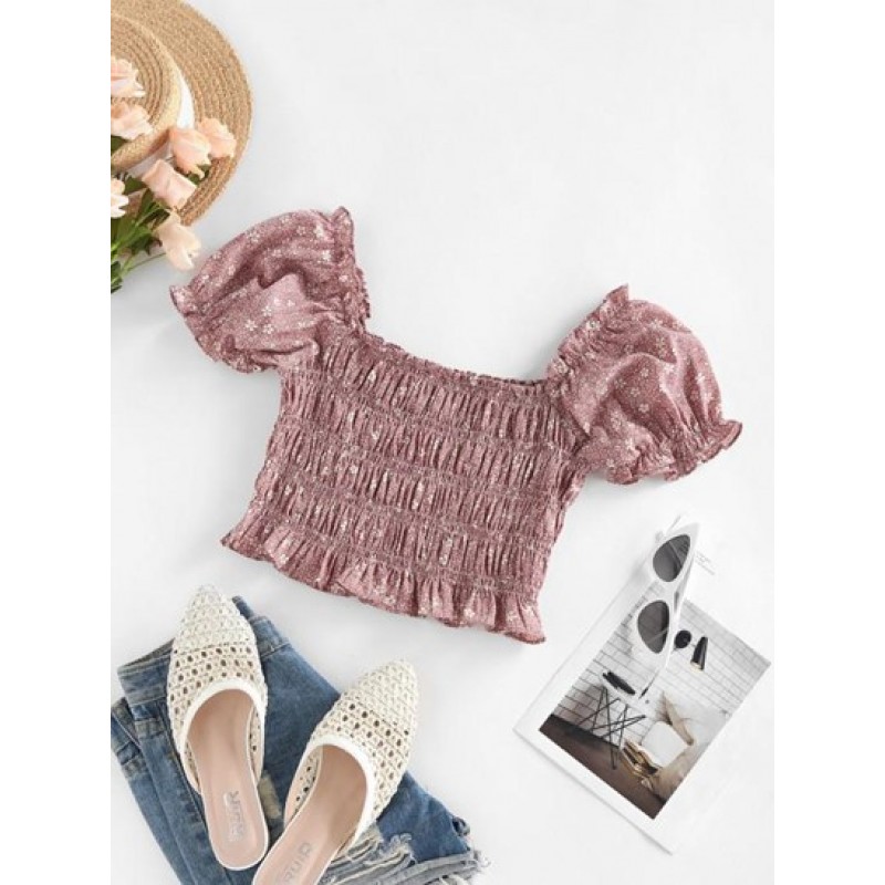 Flower Print Shirred Ruffle Puff Sleeve Blouse CH6665
