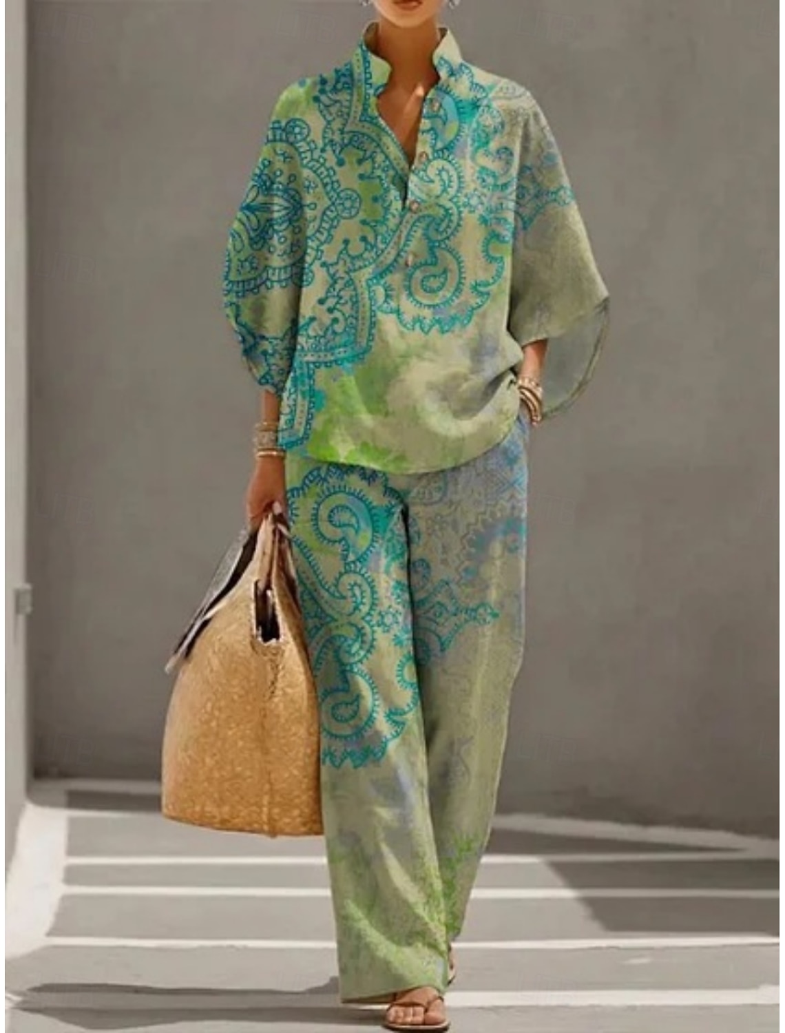 Women's Pants Sets Long Sleeve 3/4 Length Sleeve Stand Collar Floral Graphic Fashion Streetwear Casual Daily Outdoor Blue White Green Spring & Summer Regular Fit