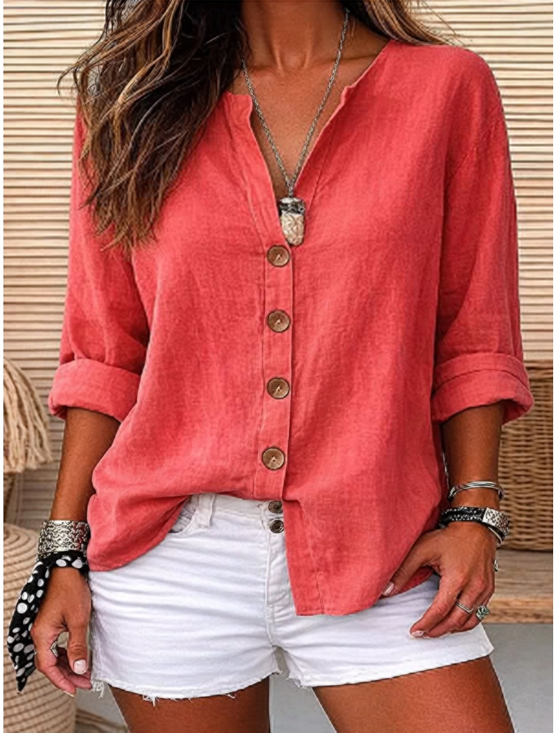 Women's Cotton Linen Blouse Buttons Solid Color Vacation Daily Casual Sleeveless 3/4 Length Sleeve V Neck Regular Tops Casual Daily Going out Khaki Red Orange Green Summer Spring Fall