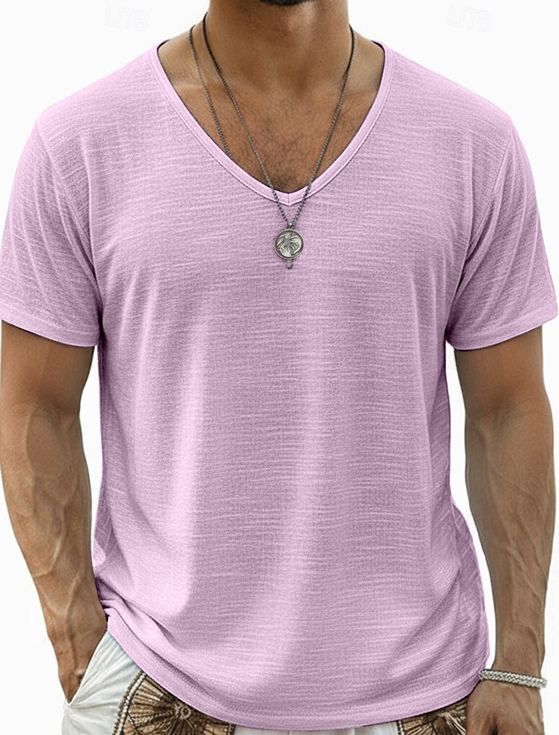 Men's Tee Top Linen T-Shirt Short Sleeve V Neck Summer Solid Color