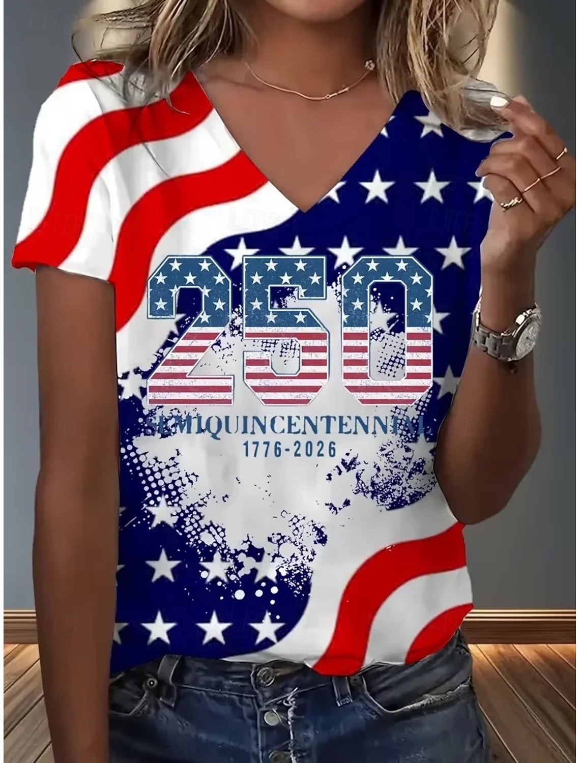 American Independence Day Women's T Shirt Print Graphic American Flag Vintage Stylish Classic Short Sleeve V Neck Regular Tops Casual Daily White-Blue White Red White Summer Spring Fall Winter