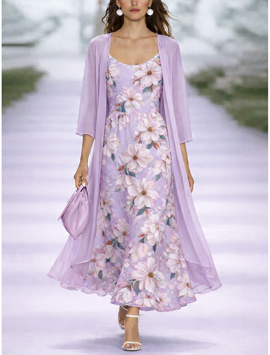 Women's Dress Set A Line Dress Elegant Vacation Floral Graphic Layered Print Maxi Dress 3/4 Length Sleeve V Neck Daily Vacation Pink Purple Orange Summer Spring Regular Fit