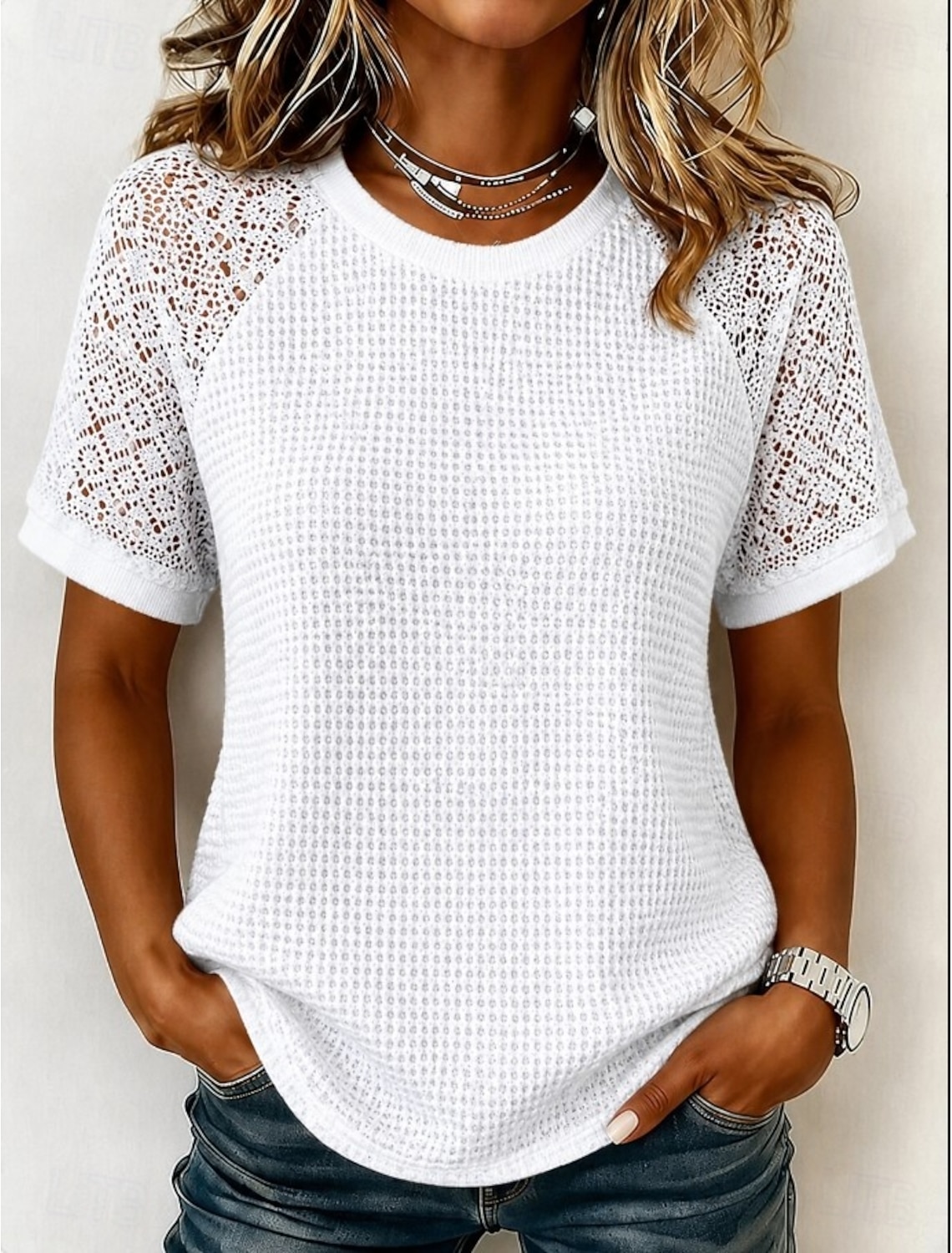 Women's Eyelet Top Lace Splicing Top Contrast Lace Lace Elegant Bohemia Stylish Short Sleeve Crew Neck Long Tops Casual Daily Going out Black White Gray Summer Spring