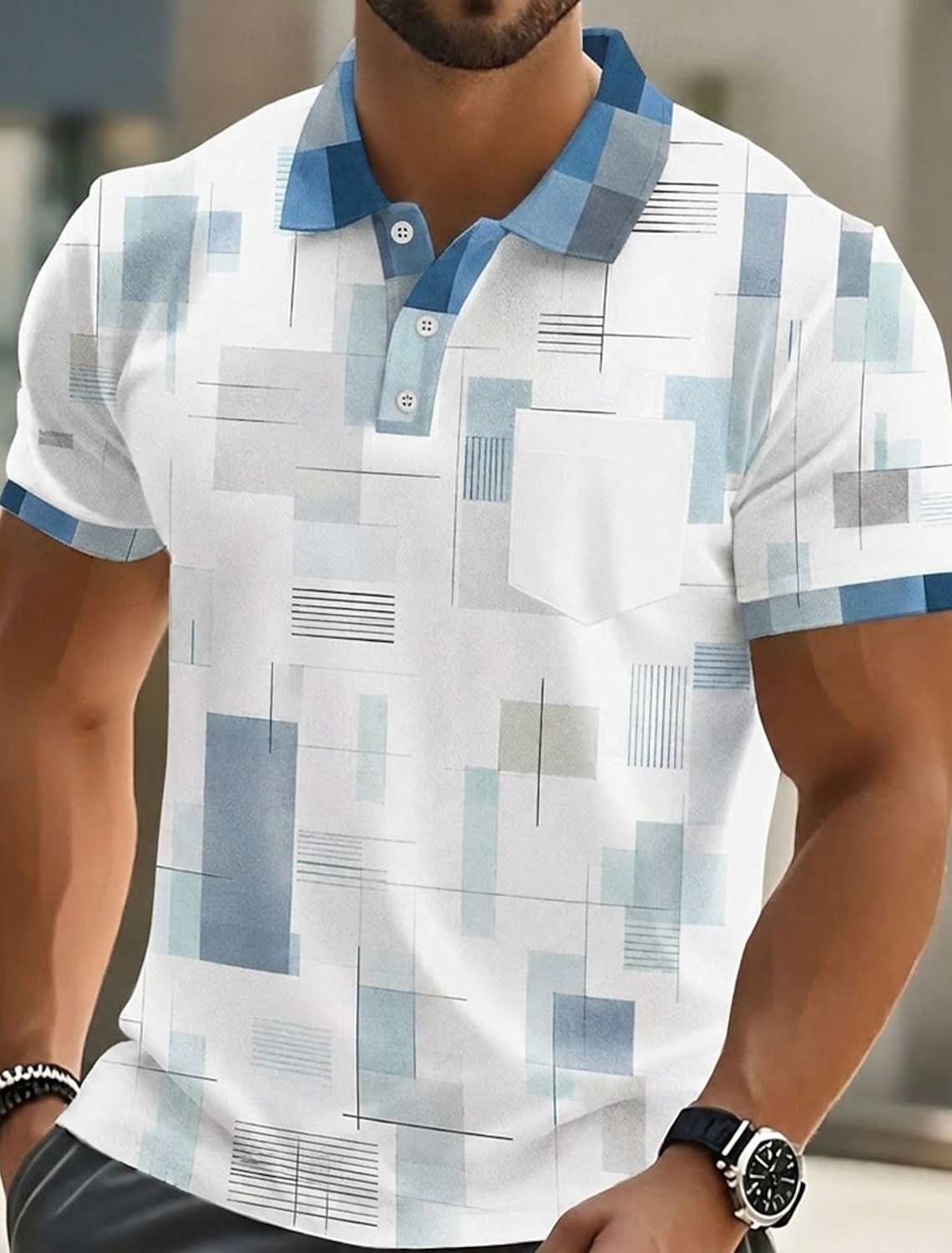 Men's Color Block Geometic Polo Shirts Short Sleeve Polo Shirts Collared Shirts Casual Outdoor Athleisure Daily Wear 3D Print Buttons Spring & Summer Blue Lake blue Purple