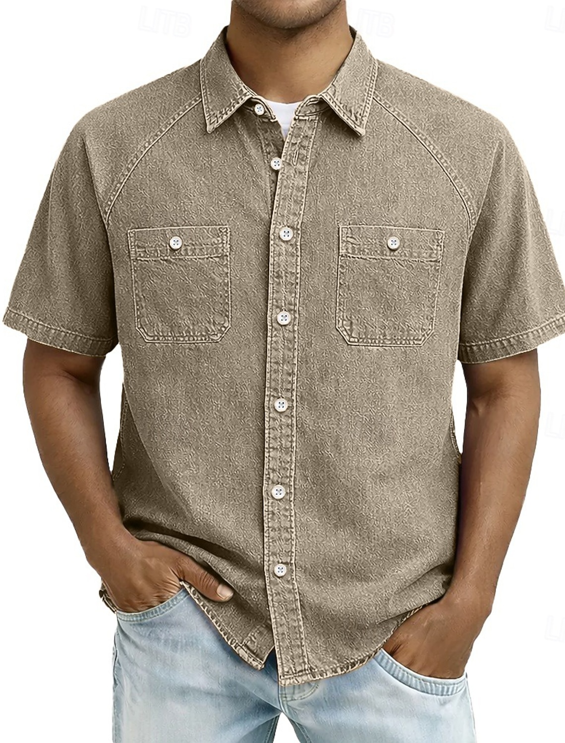 SoftFade™ Men's Shirt Casual Shirt Button Up Shirt Cotton Acid Wash Shirt Black Light Green Pink Purple khaki Short Sleeve Plain Grandad Collar Casual Daily Front Pocket Clothing