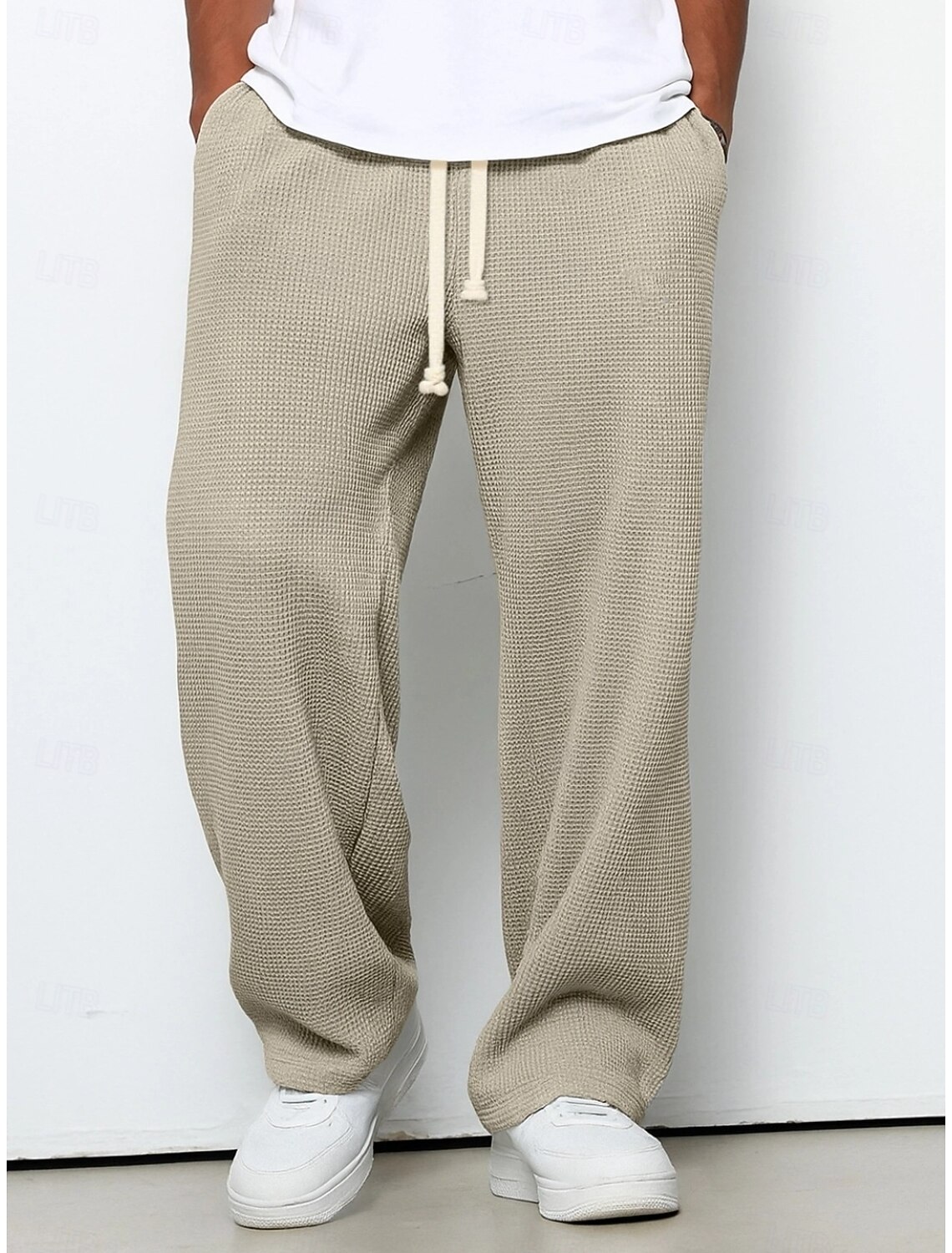 Men's Straight Leg Sweatpants Waffle Pants Drawstring Lattice