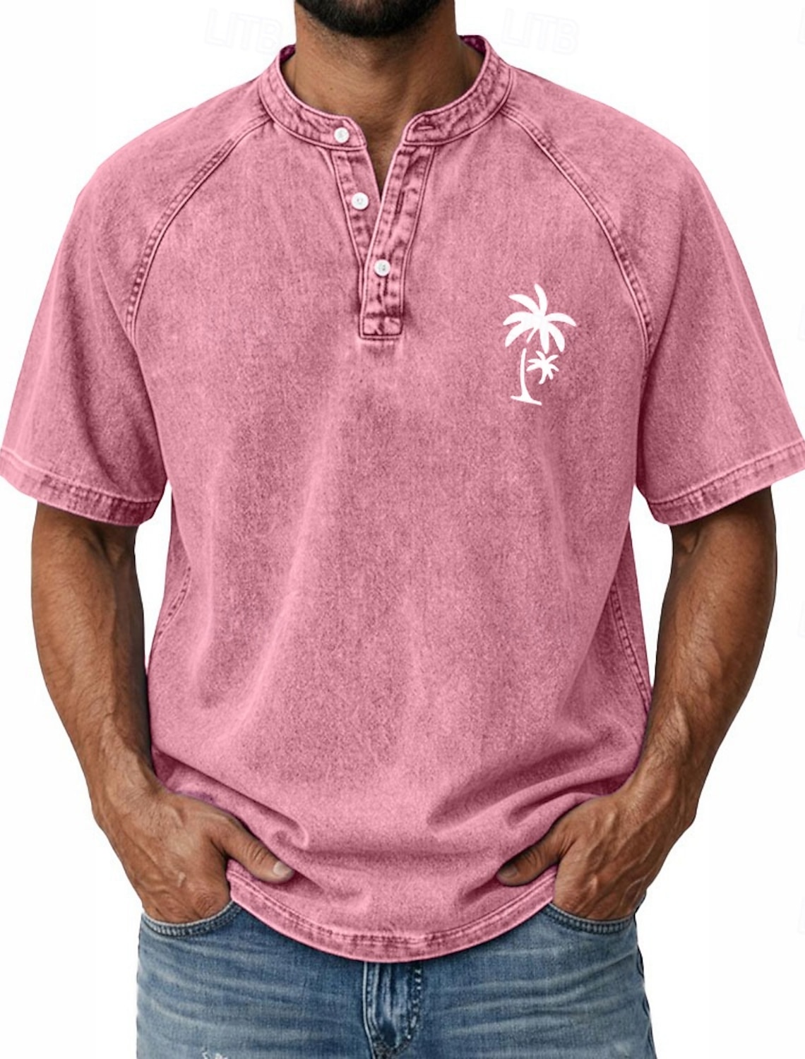 SoftFade™ Men's Coconut Tree T Shirt Demin Shirt 100% Cotton Acid Wash Shirt Short Sleeve Vintage Streetwear Casual Home Street Summer Spring Black Light Green Light Blue Stand