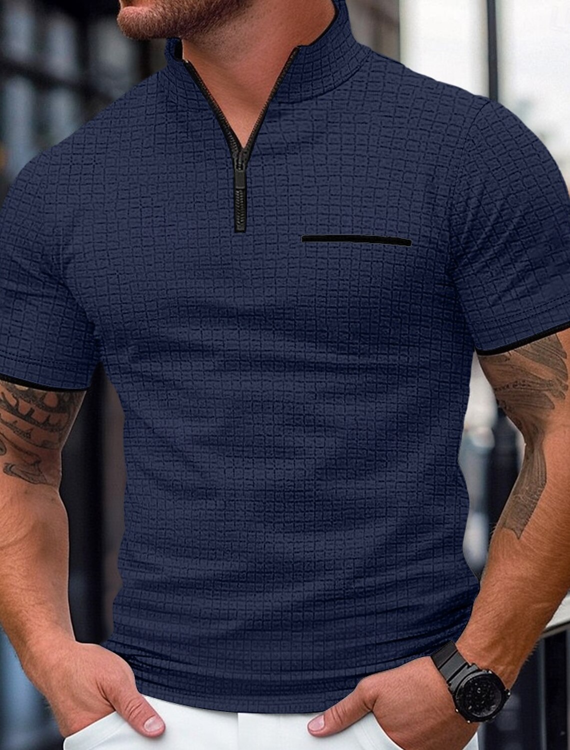 Men's Waffle Polo Shirts Zip Casual Holiday Quarter Short Sleeve