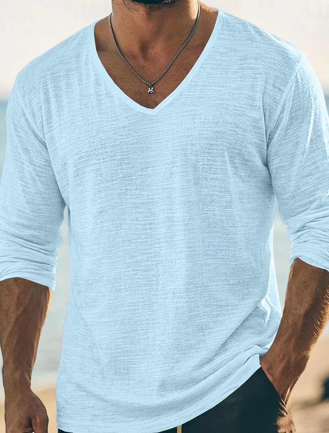 Men's Tee Top Linen T-Shirt Long Sleeve V Neck Summer Spring Solid