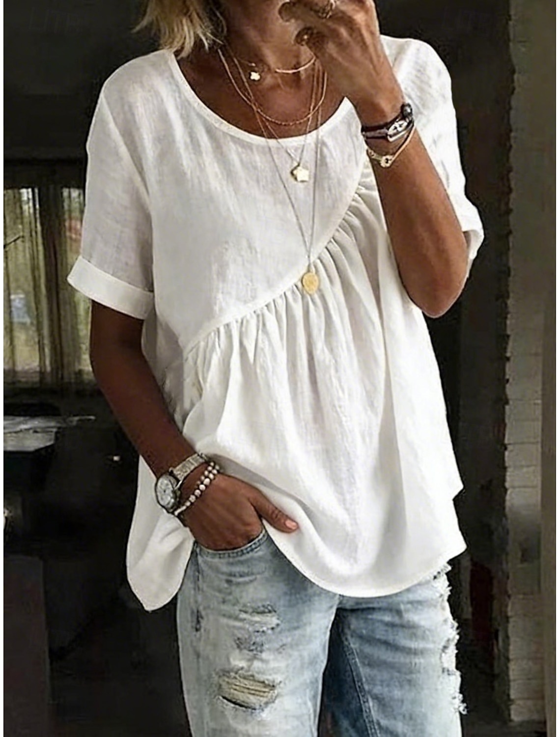 Women's Blouse Cotton Shirt Ruched Solid Color Daily Stylish Basic Short Sleeve Crew Neck Regular Tops Daily Blue White Yellow Pink Green Summer Spring Fall