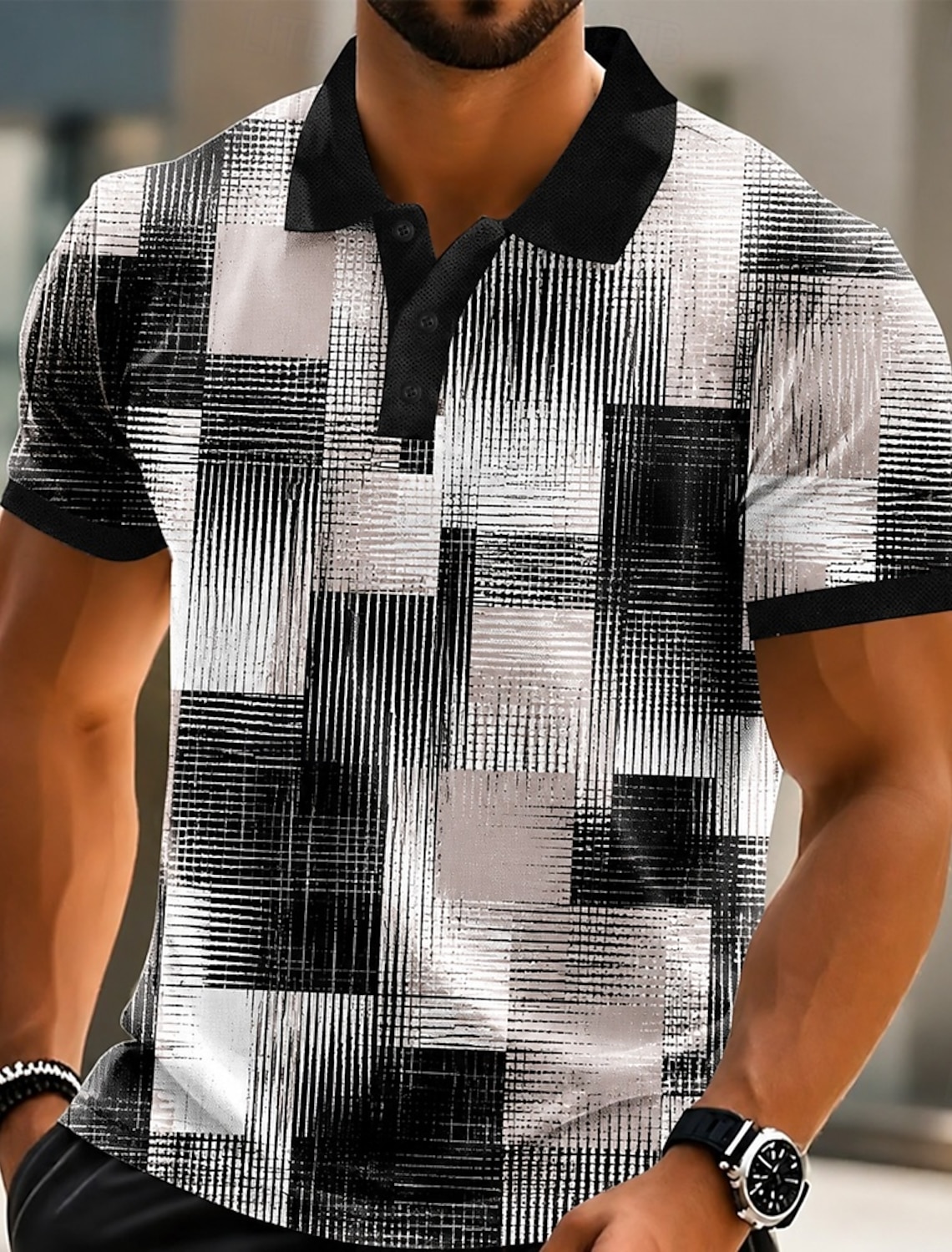 Men's Color Block Geometic Polo Shirts Short Sleeve Polo Shirts Collared Shirts Casual Athleisure 3D Print Buttons Spring & Summer Blue Black Red