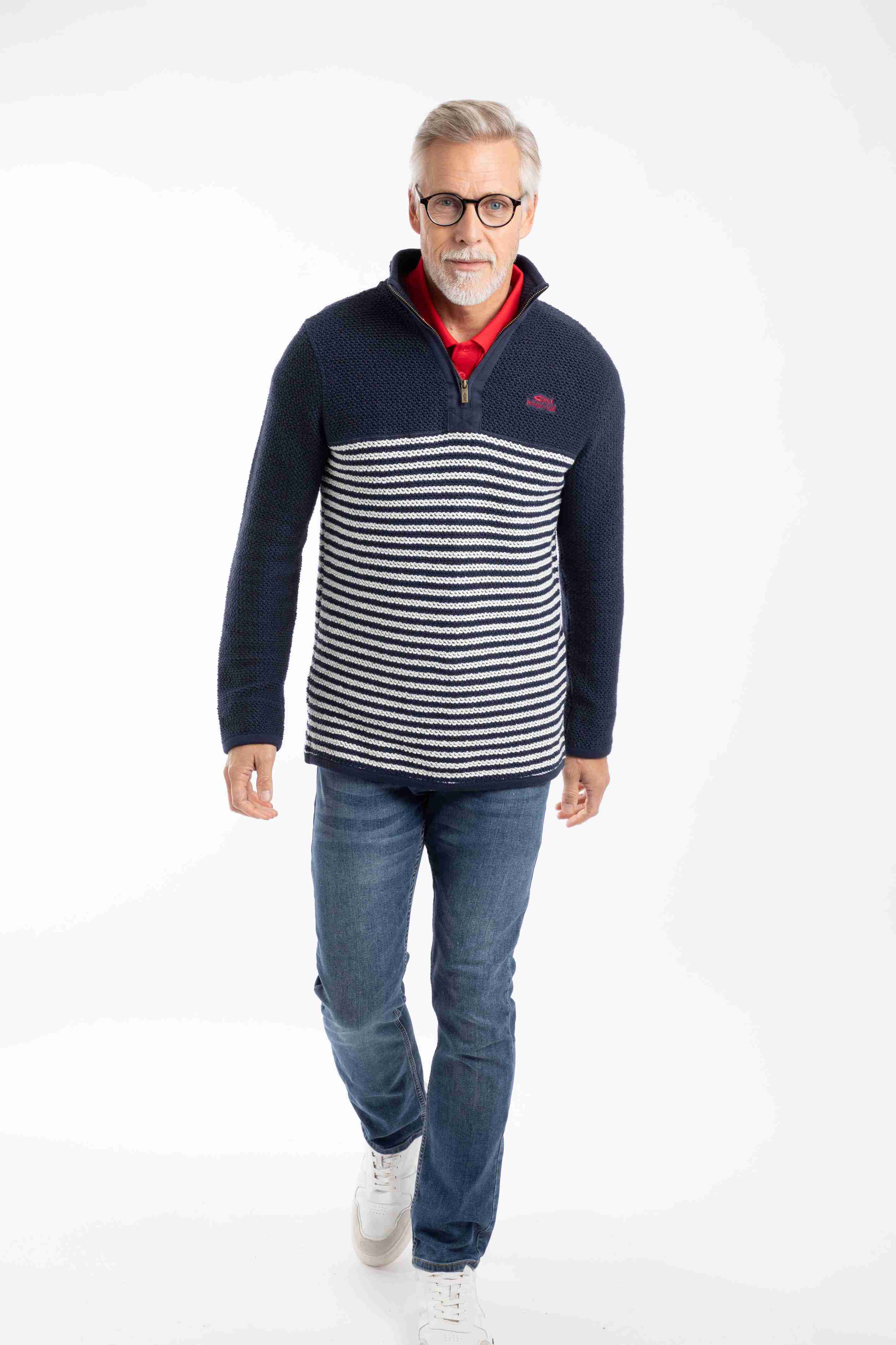 Gable 1/4 Zip Striped Macaroni Sweatshirt Rich Navy