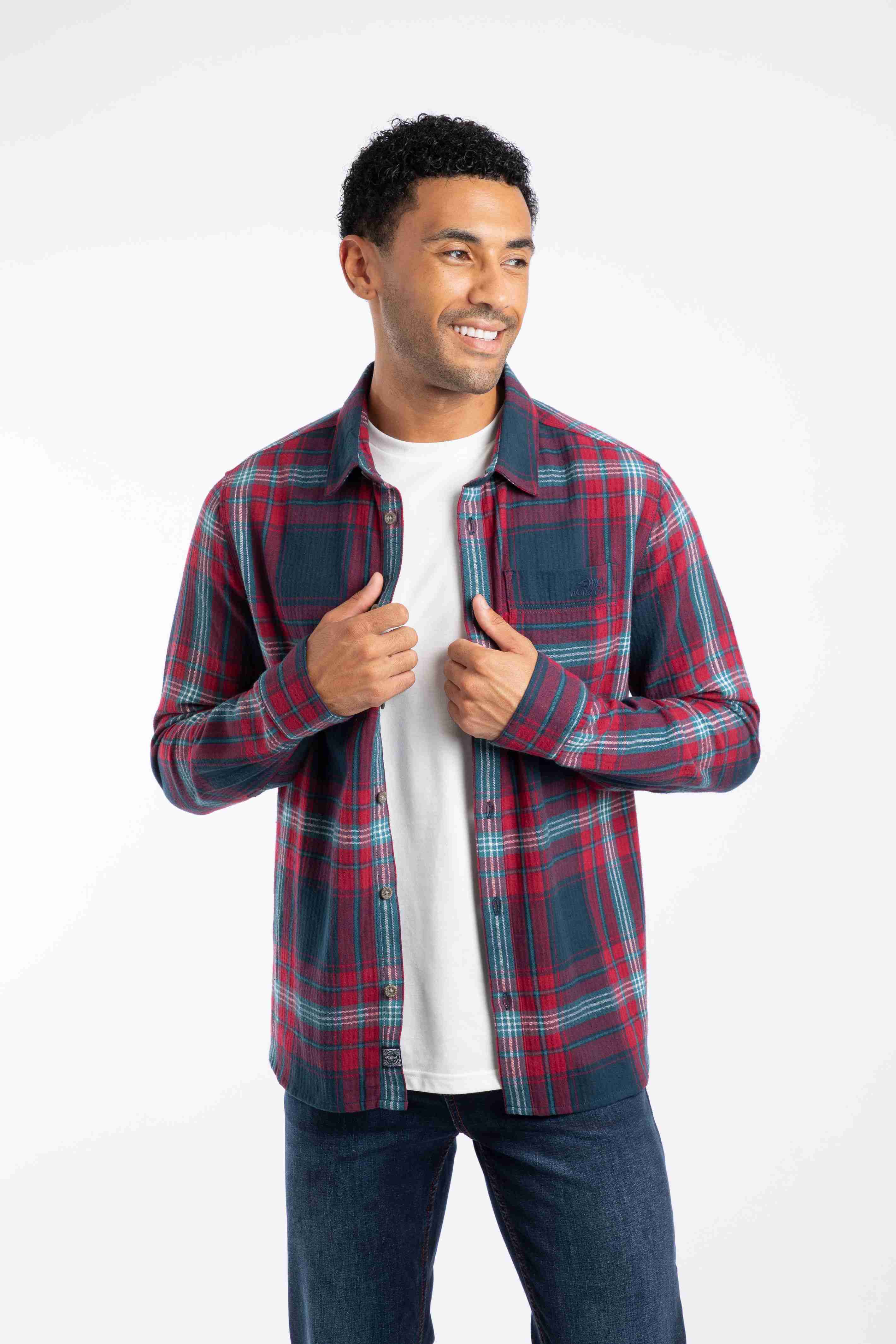 Broxton Organic Cotton Long Sleeve Herringbone Check Shirt Burgundy