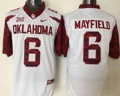 Men's OU Sooners #6 Baker Mayfield White 2016 premium moisture