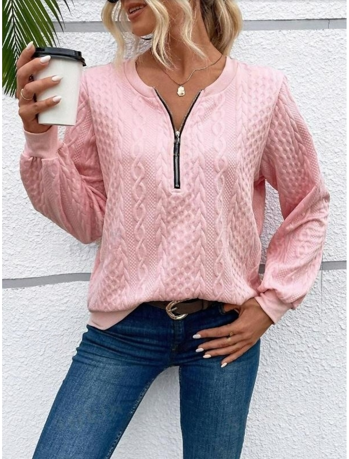 Women's Sweatshirt Elegant Modern Plain Work Crew Neck Zipper Loose Fit Long Sleeve Black White Pink Gray Spring Fall