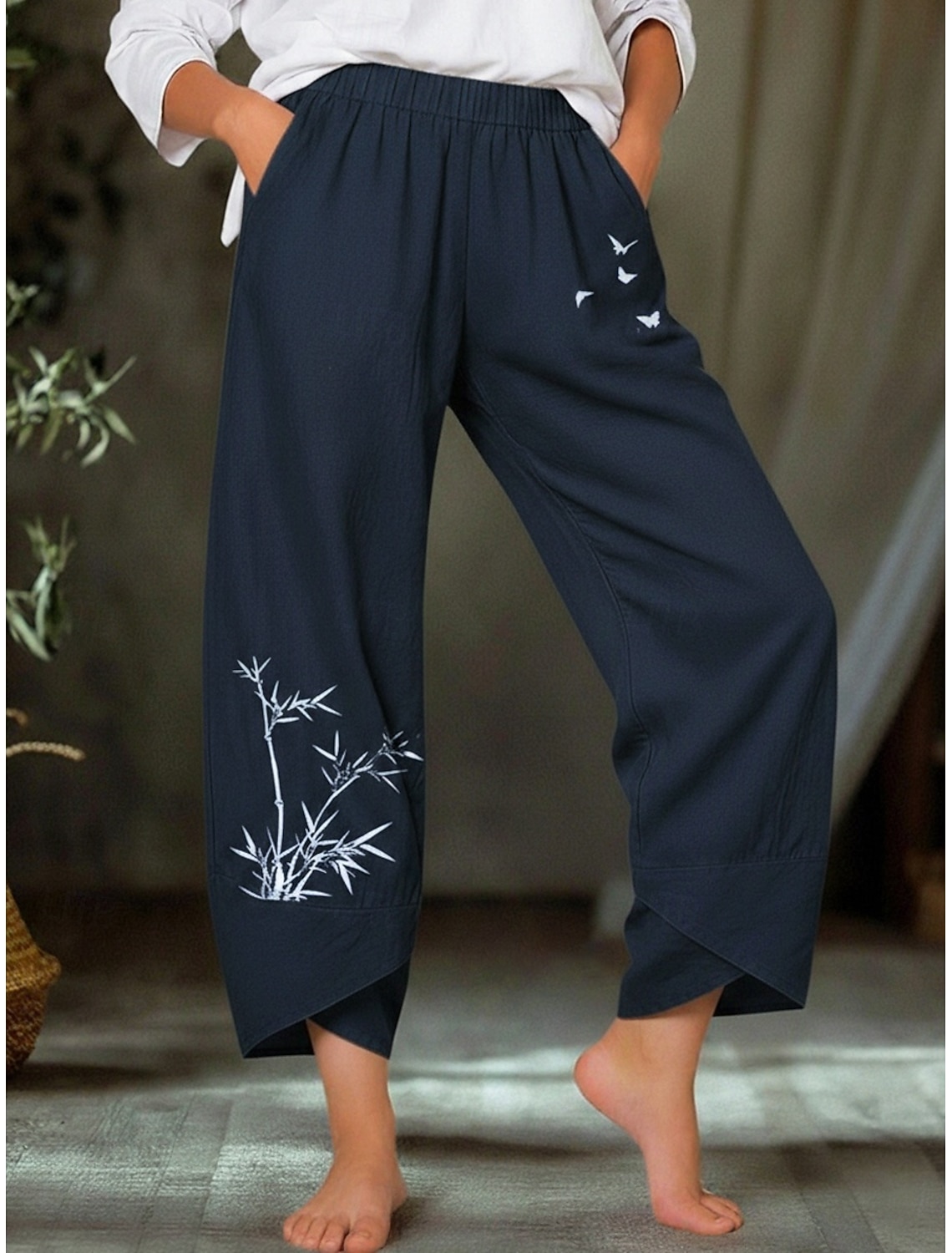 Women's Summer Pants 100% Cotton Pants Trousers Lightweight Casual Ankle-Length Low Rise Graphic Prints Pocket Breathability Comfortable Inelastic Casual Daily Weekend Navy Black ash-colored Summer