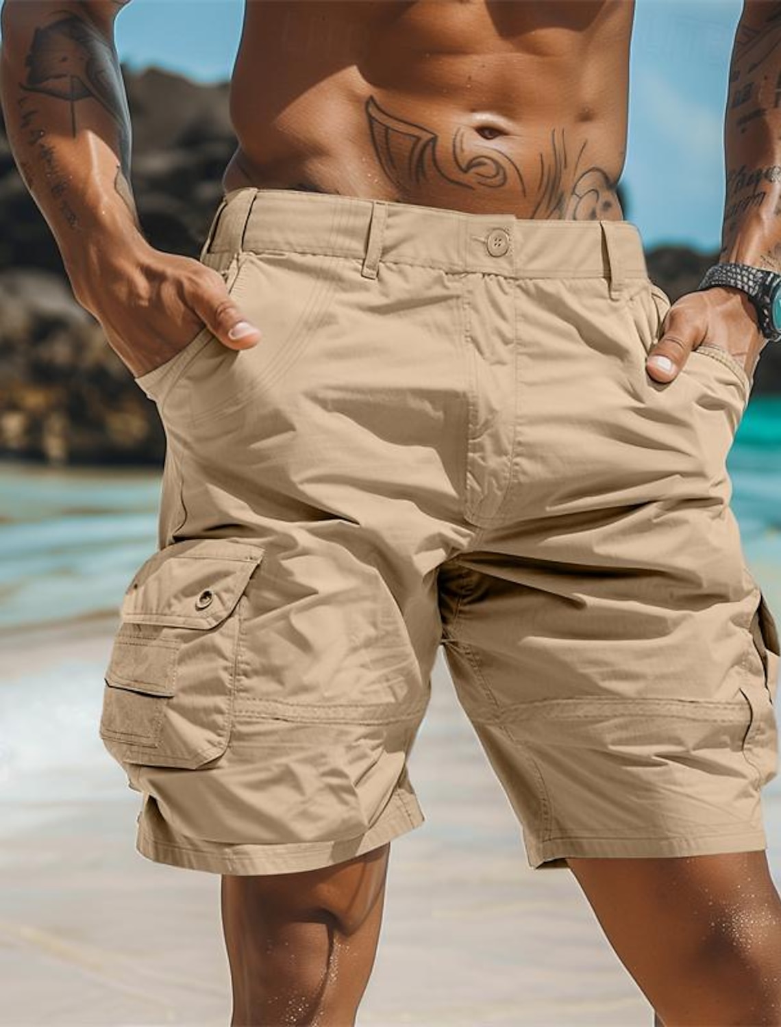 Men's Cargo Shorts Casual Buttons Multi Pocket Plain Comfort Soft Knee