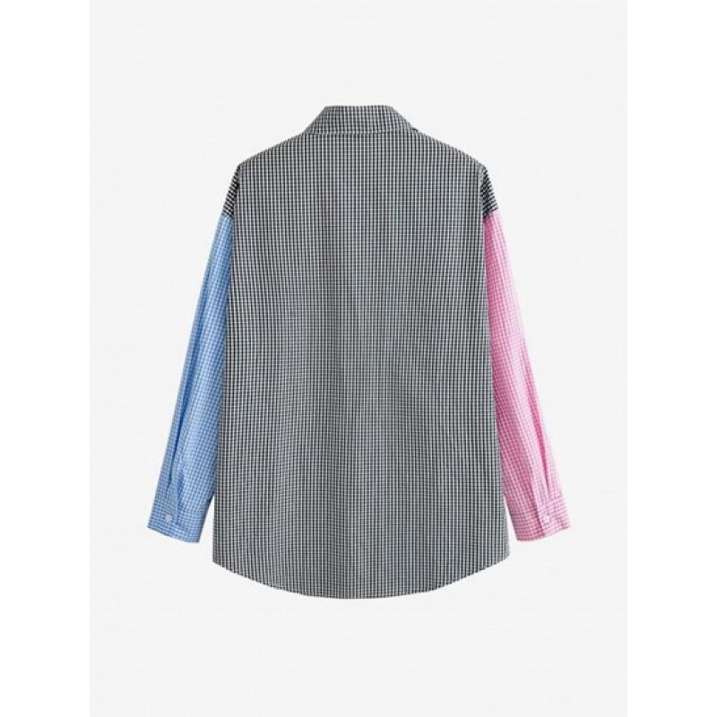 Colorblock Gingham Drop Shoulder Pocket Shirt KS8013