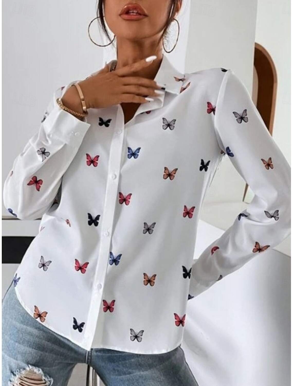 Women's Shirt Blouse Stylish Casual Butterfly Regular Tops Long Sleeve Shirt Collar Buttons Print Regular Fit Daily Summer Spring