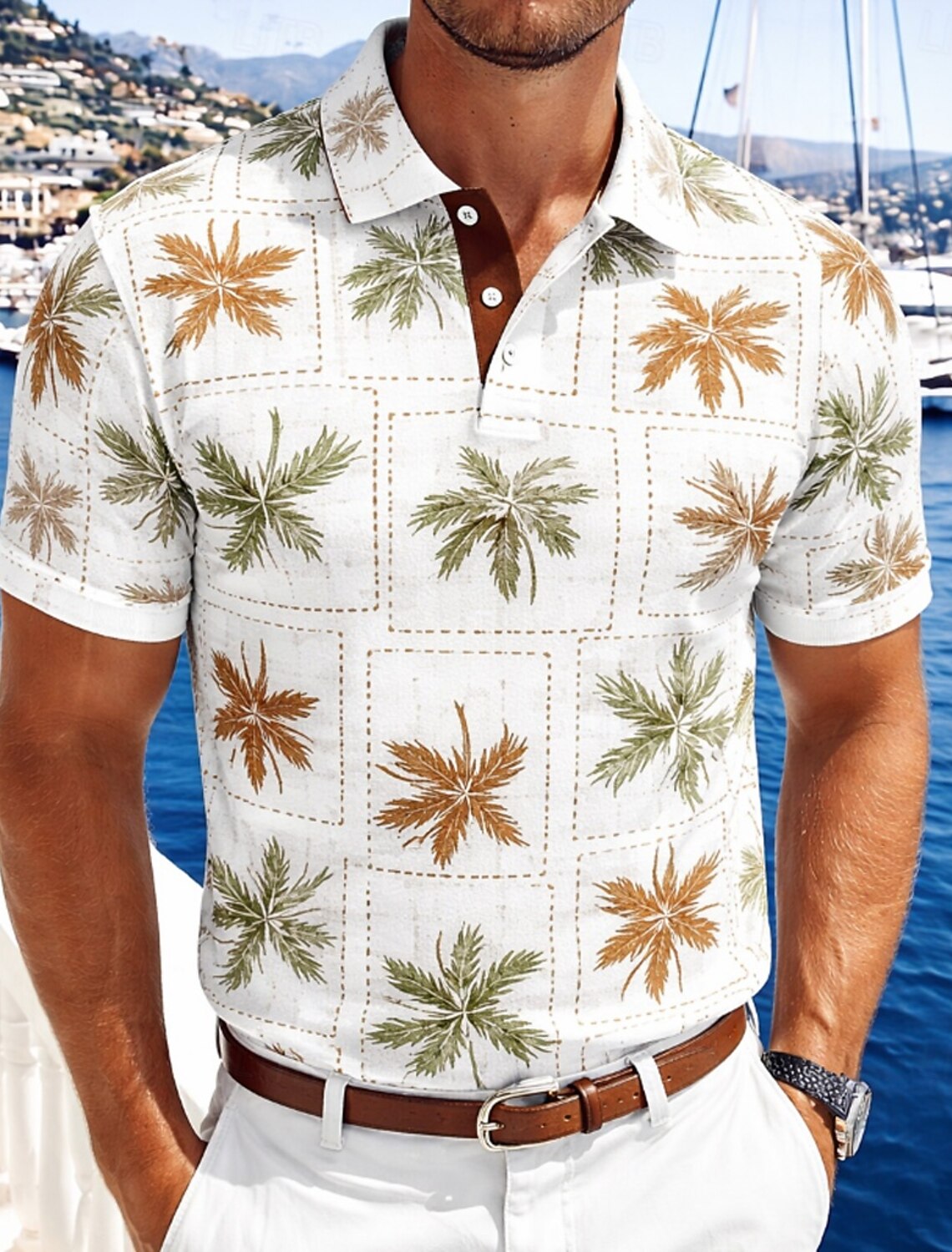 Men's Palm Tree Polo Shirts Short Sleeve Collared Hawaiian Casual
