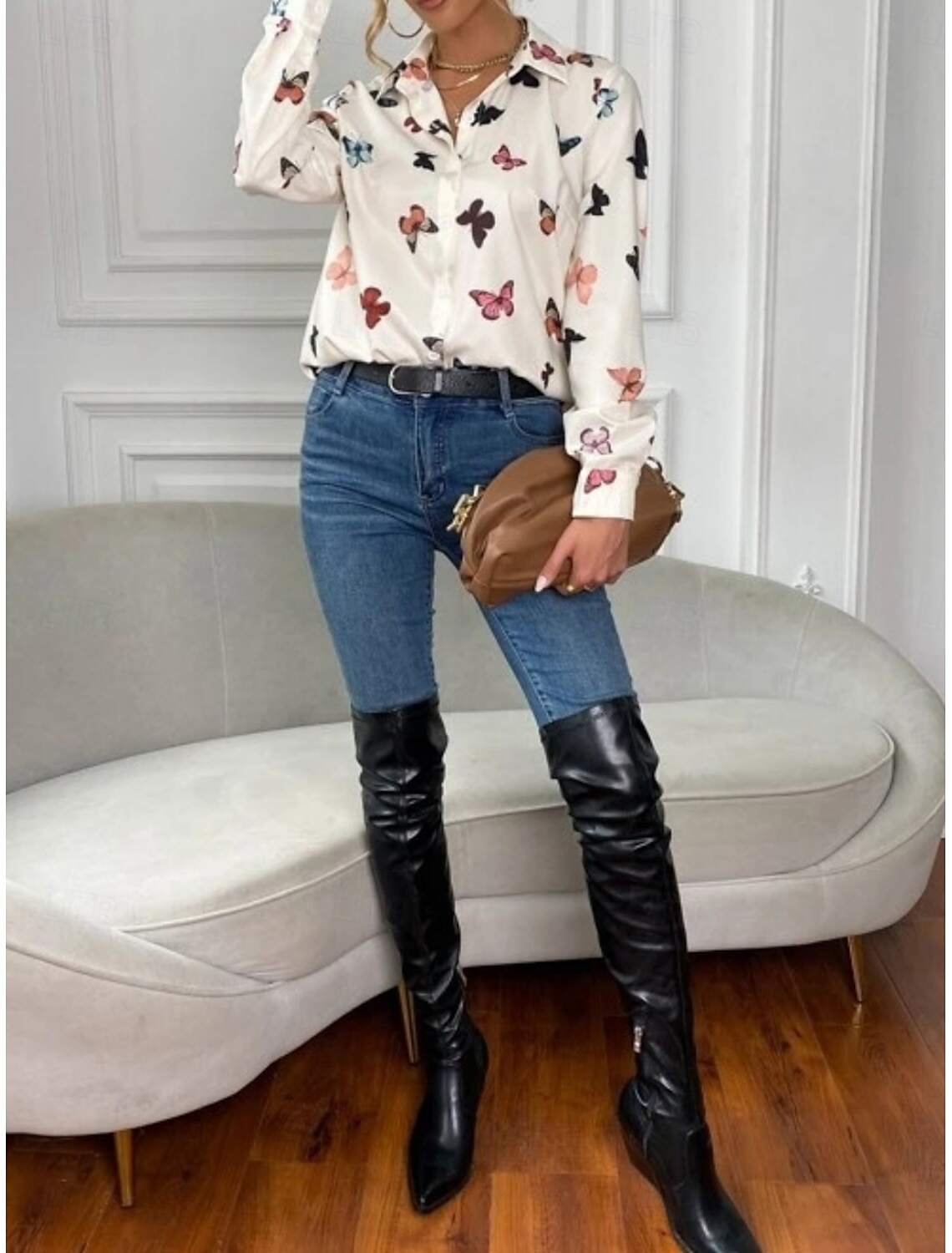 Women's Shirt Blouse Stylish Casual Butterfly Regular Tops Long Sleeve Shirt Collar Buttons Print Regular Fit Daily Summer Spring