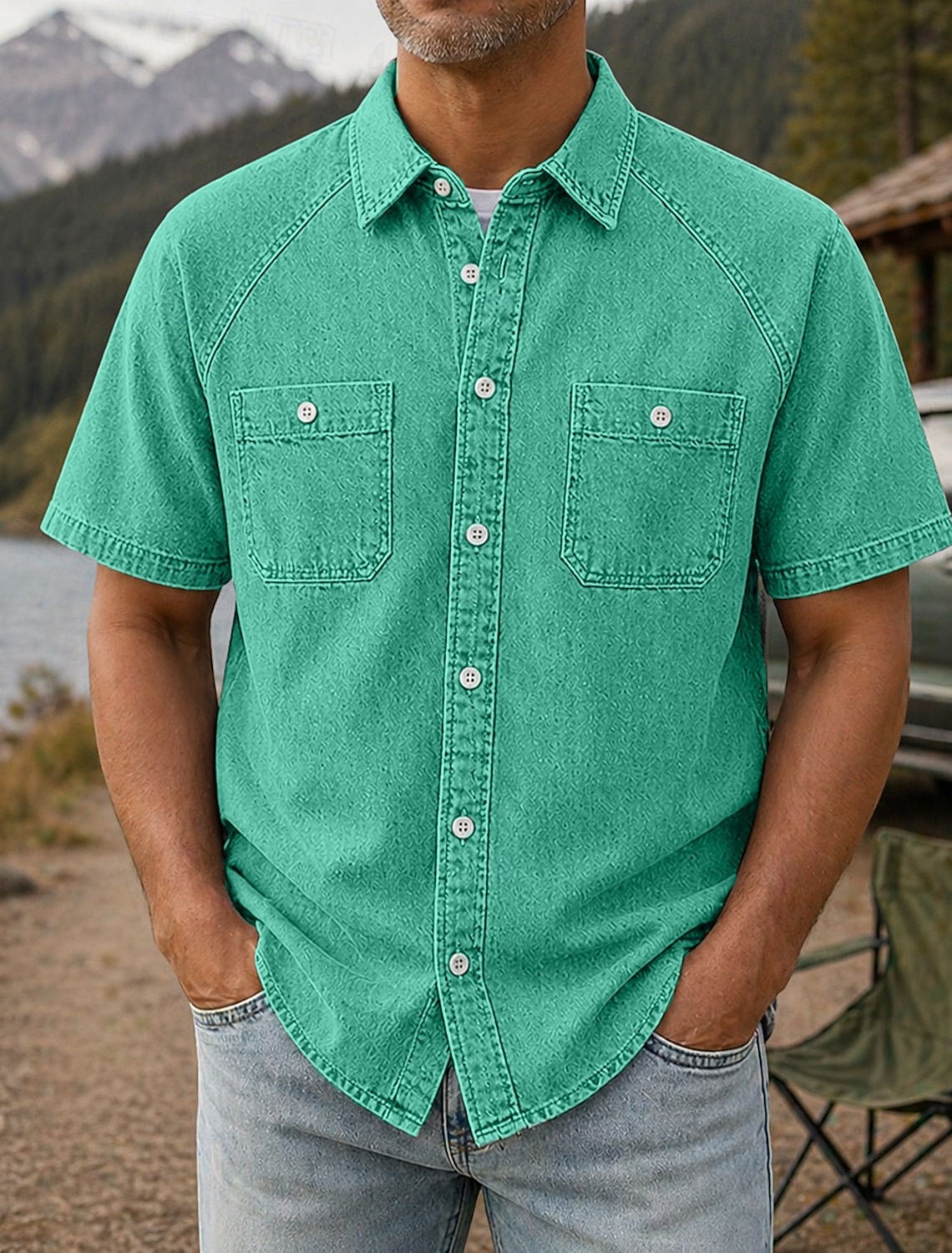 Men's Shirt Casual Shirt Work Shirt Garment Dyed Acid Wash Shirt Black Light Green Purple khaki Military Green Short Sleeve Plain Shirt Collar Casual Daily Front Pocket Clothing Apparel Cotton