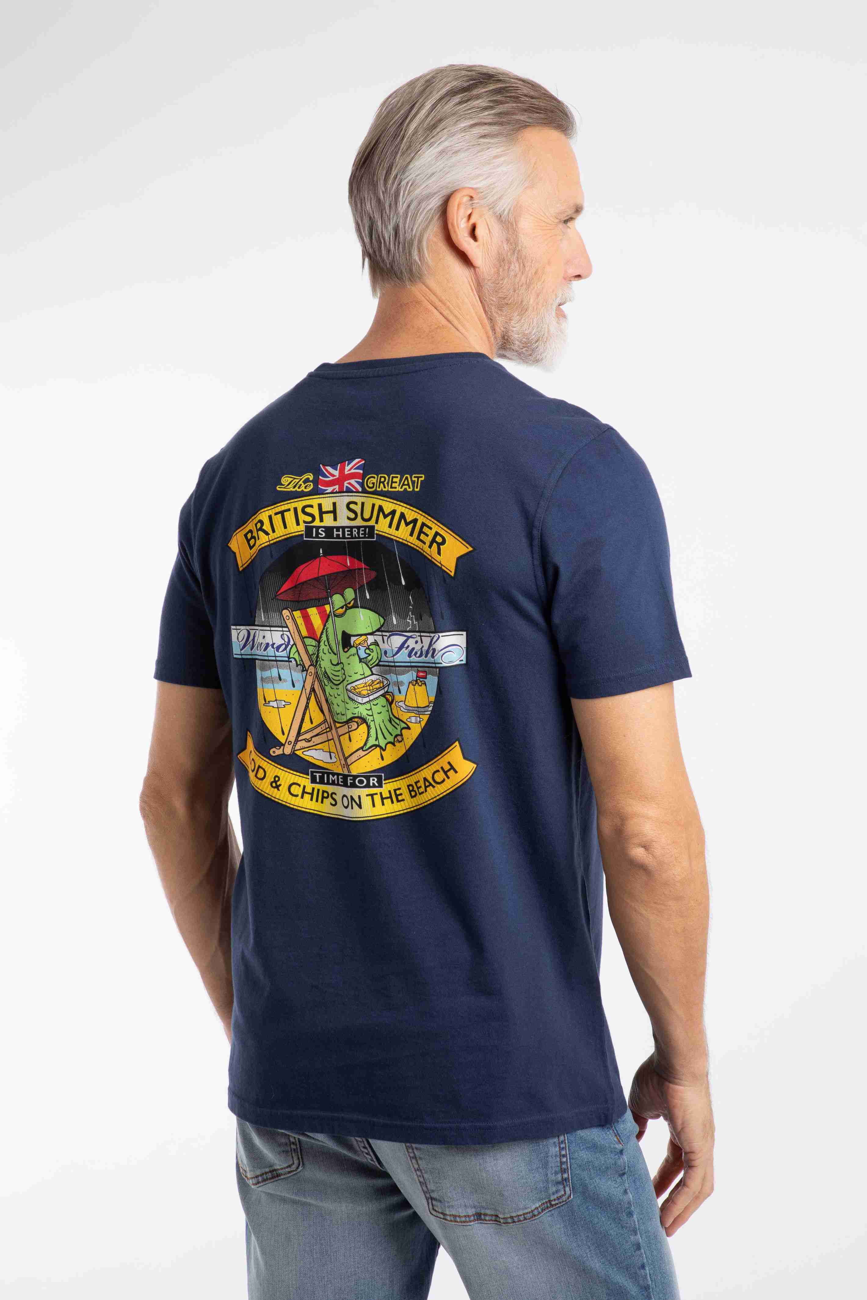 Cod and Chips Back Print Artist T-Shirt Dark Blue
