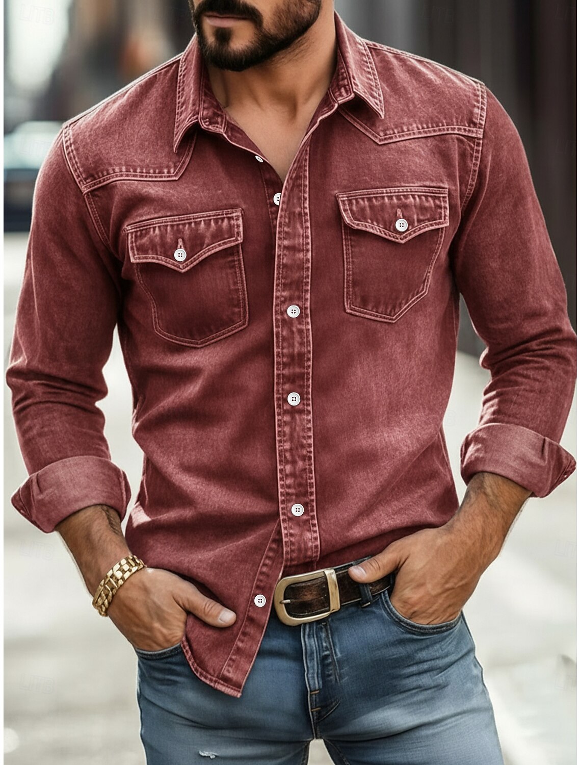 Men Shirt Casual Shirt Work Shirt Western Shirt Button Up Shirt Faded Shirt Blue Black Red Green Long Sleeve Plain Shirt Collar Casual Daily Front Pocket Clothing Apparel Cotton Elastane Elegant