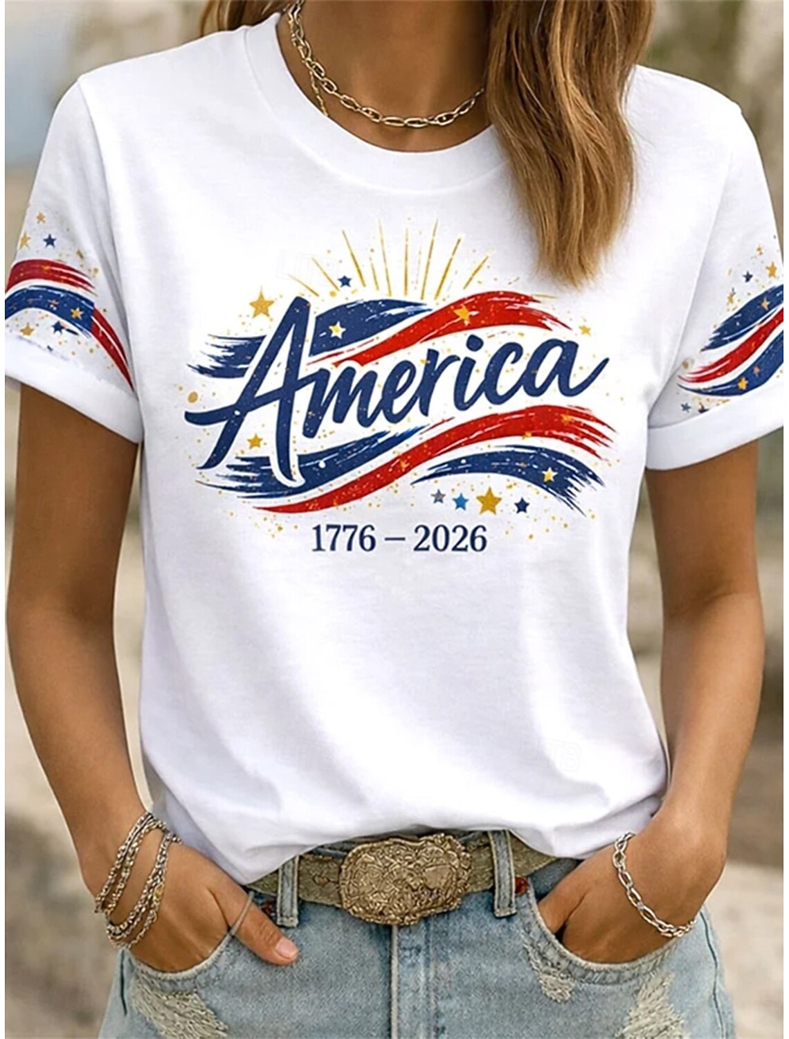 American Independence Day Women's T Shirt Print Graphic American Flag Vintage Stylish Classic Short Sleeve Crew Neck Round Neck Long Tops Daily Weekend Blue White-Blue Black Summer Spring Fall