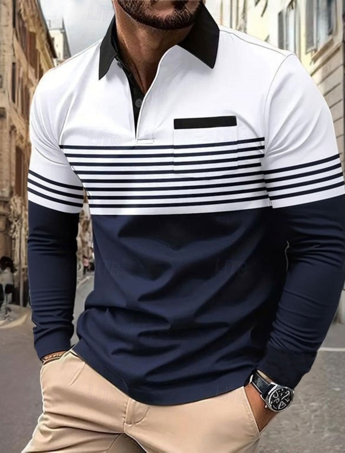 Men's Horizontal Stripes Polo Long Sleeve Shirts Collared Business