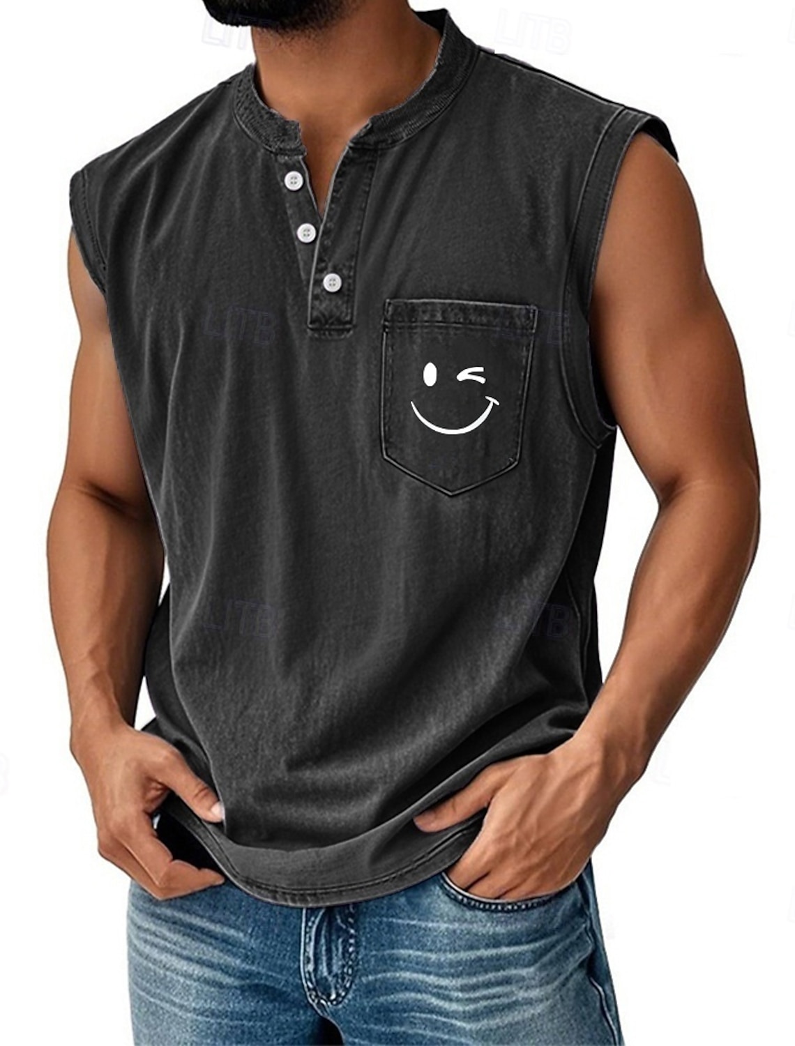 Men's 100% Cotton Acid Wash Shirt Sleeveless Shirt Sleeveless Henley Summer Solid Color Smile Face Casual Garment Dyed Faded Vintage Washed Daily Streetwear Blue Black Green Top Tee for Men