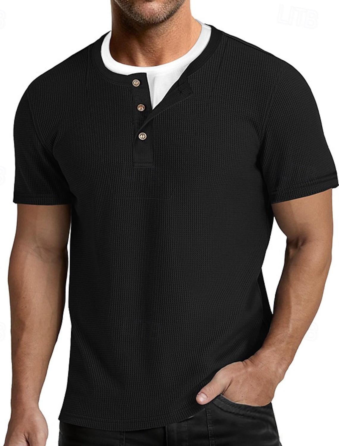 Men's Waffle Henley Shirt Tee Cotton Blend T-Shirt Short Sleeve Color Block Plain Fashion Designer Casual Color Block Buttons Fake two piece Crew Neck Henley Casual Daily Outdoor Summer All Seasons