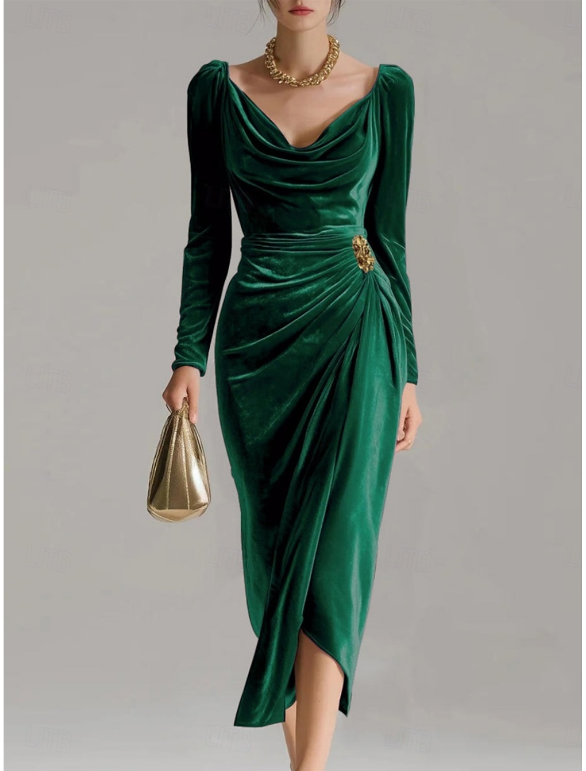 Christmas Women's Midi Dress Sheath Dress Elegant Party Cocktail Outdoor Party Wedding Guest Patchwork Slim Solid Color Long Sleeve Cowl Neck Fuchsia Brown Green