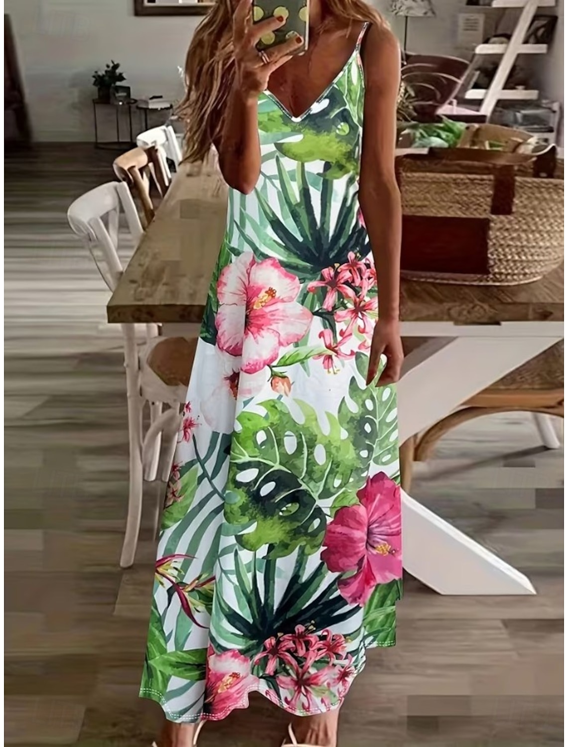 Women's Maxi Dress Sundress A Line Dress Slip Dress Vacation Casual Boho Beach Loose Fit Graphic Leaf Sleeveless V Neck Spaghetti Strap White Light Green Pink Sky Blue Summer Spring