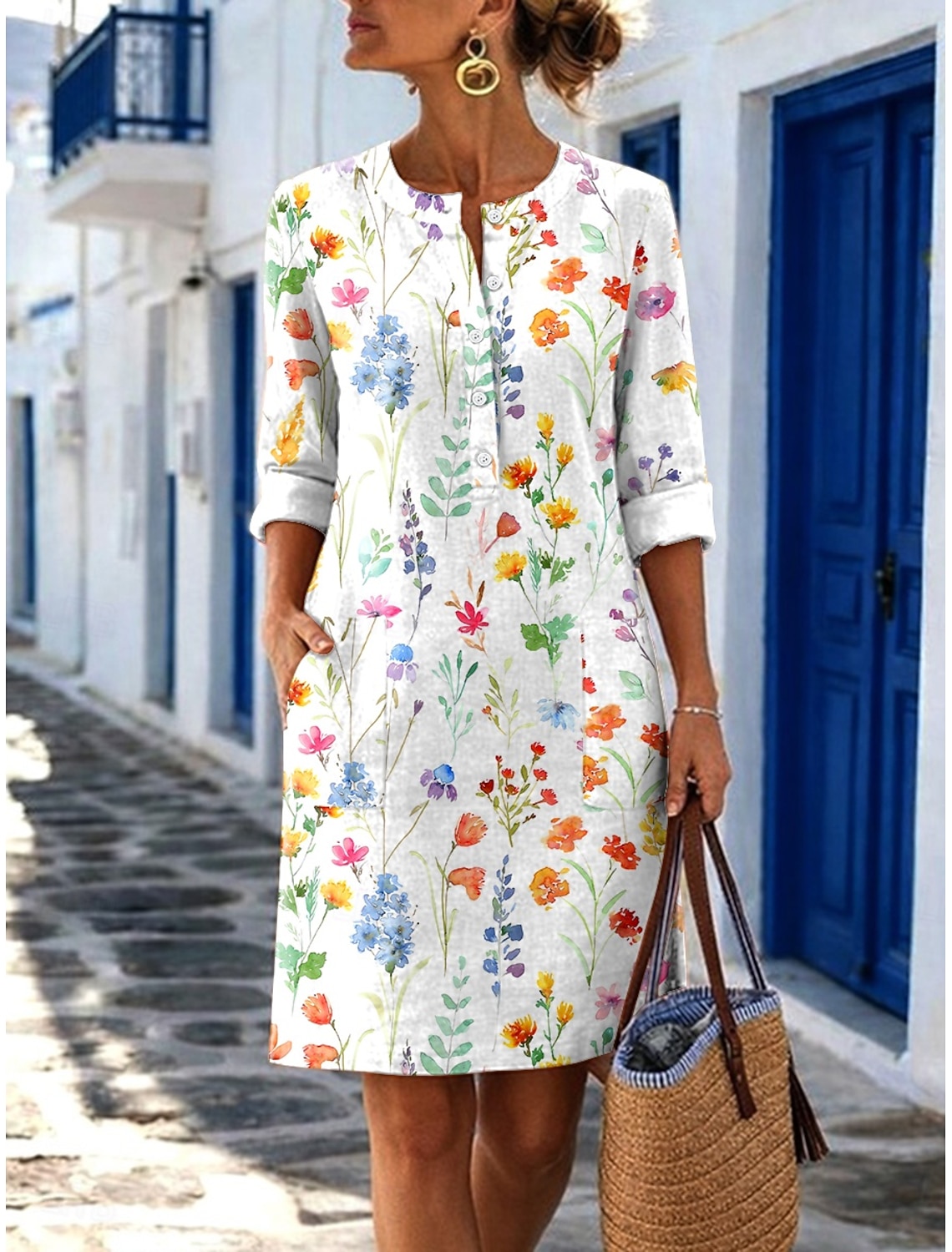 Women's Midi Dress Linen-feel Dresses Shift Dress Casual Daily Regular Fit Plain Long Sleeve Crew Neck Blue Black White Royal Blue Summer Spring Fall