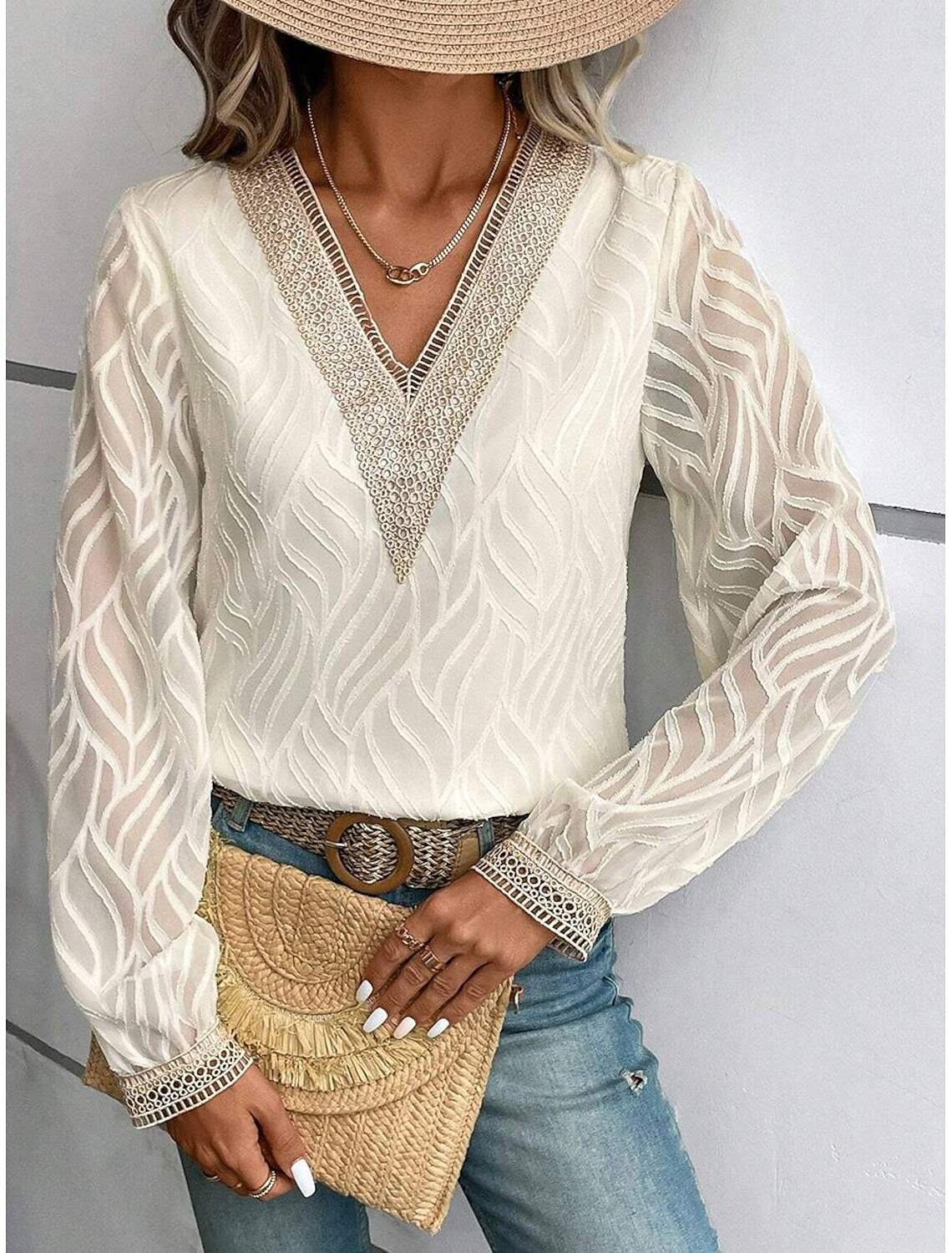 Women's Blouse Dressy Tops Elegant Stylish Solid Color Lace Flutter Sleeve Long Sleeve Regular Tops V Neck Party Daily Summer Spring Fall