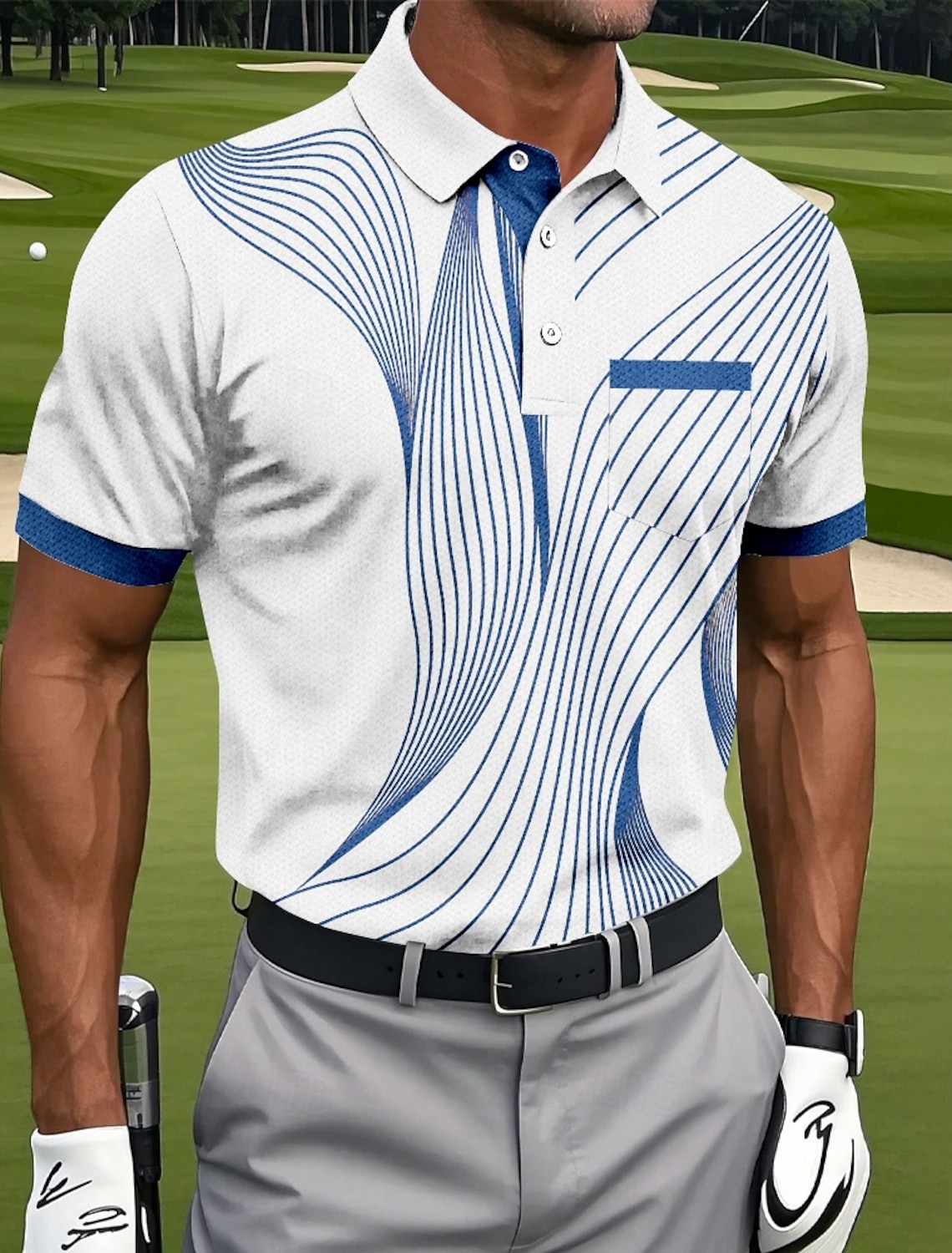 Men's Geometic Line Polo Sports Polo Shirts Short Sleeve Polo Shirts Collared Shirts Sportswear Casual Outdoor Athleisure Daily Wear Pocket 3D Print Buttons Summer Blue Purple