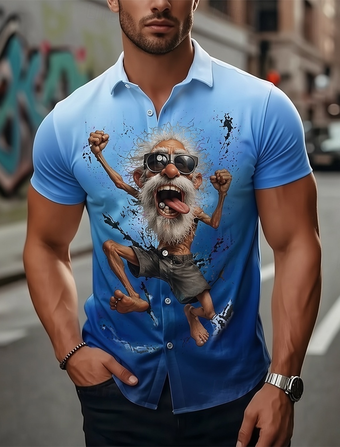 Men's Guitarist Player Cartoon Character Old Man Shirt Summer Shirt Button Up Shirt Short Sleeve Funny Vintage Retro Daily Outdoor Vacation Summer Spring Turndown 3D Print Collared Shirts Blue Violet