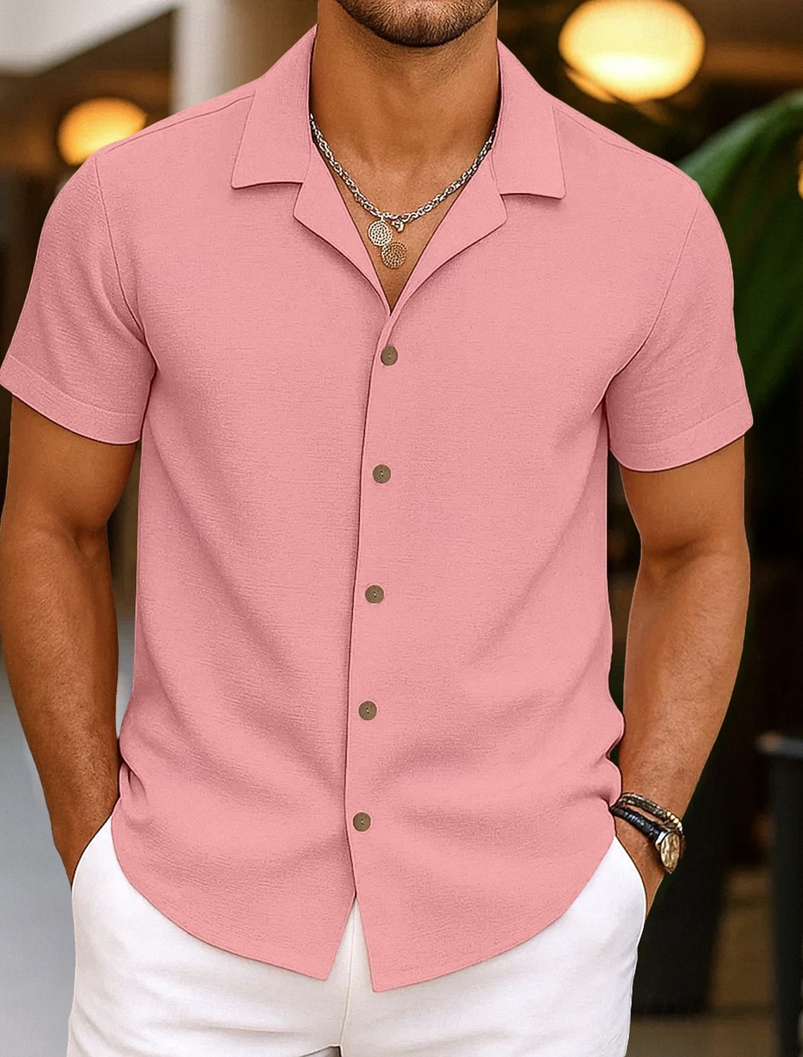 Men's Shirt Linen Shirt Summer Shirt Beach Wear Button Up Shirt Plain Vacation Casual Black Pink Navy Blue Green Long Sleeve Turndown Spring & Summer Clothing Apparel