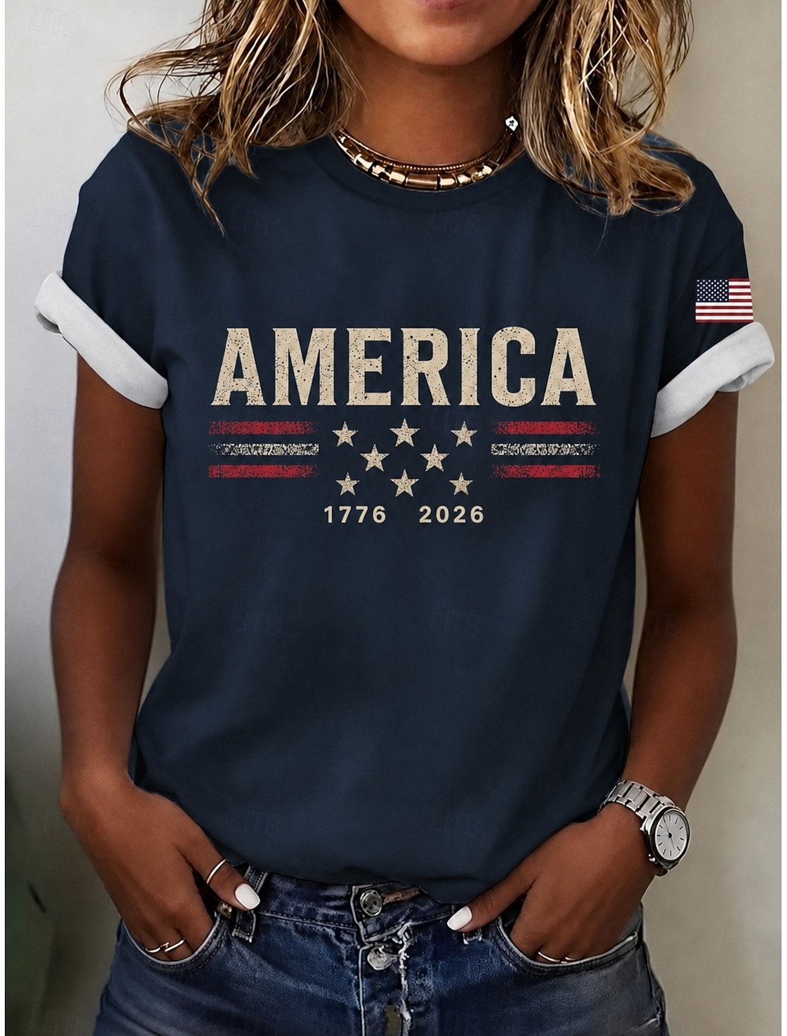 Independence Day American Anniversary Patriotic Women's T Shirt Print Graphic Flag Vintage Stylish Classic Short Sleeve V Neck Regular Tops Daily Blue Black White Red Summer Spring