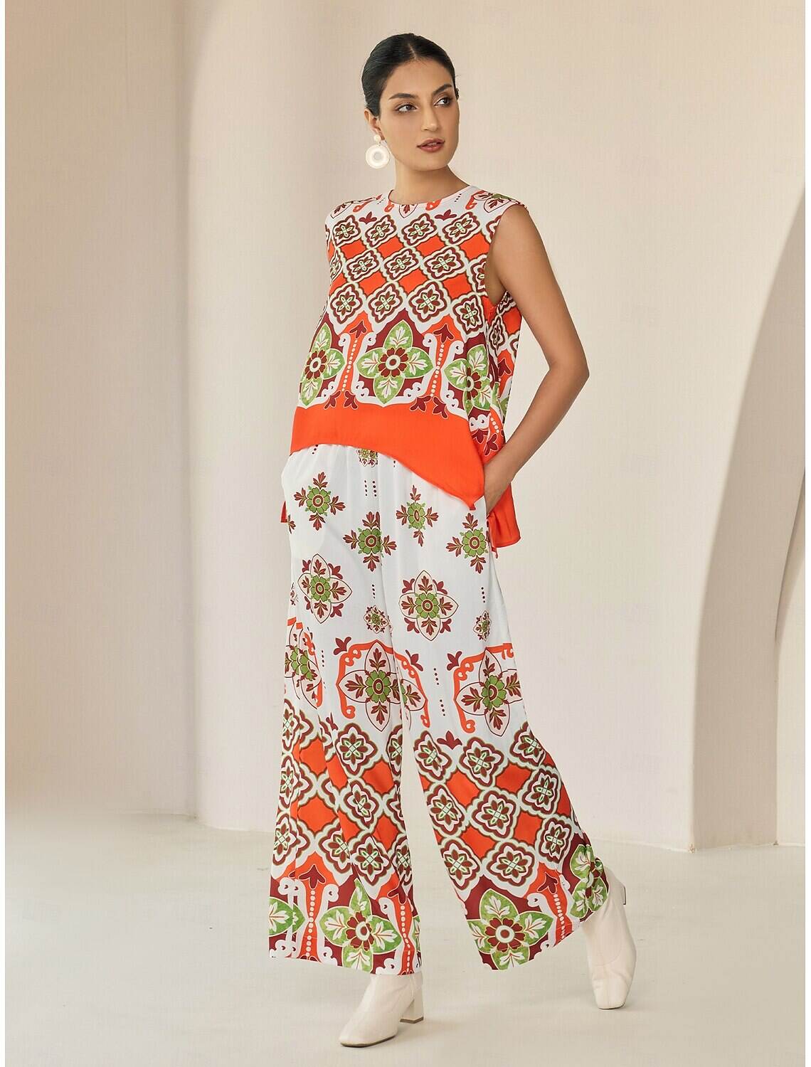 Satin Boho Double Slit Crew Neck Sleeveless Tank Top