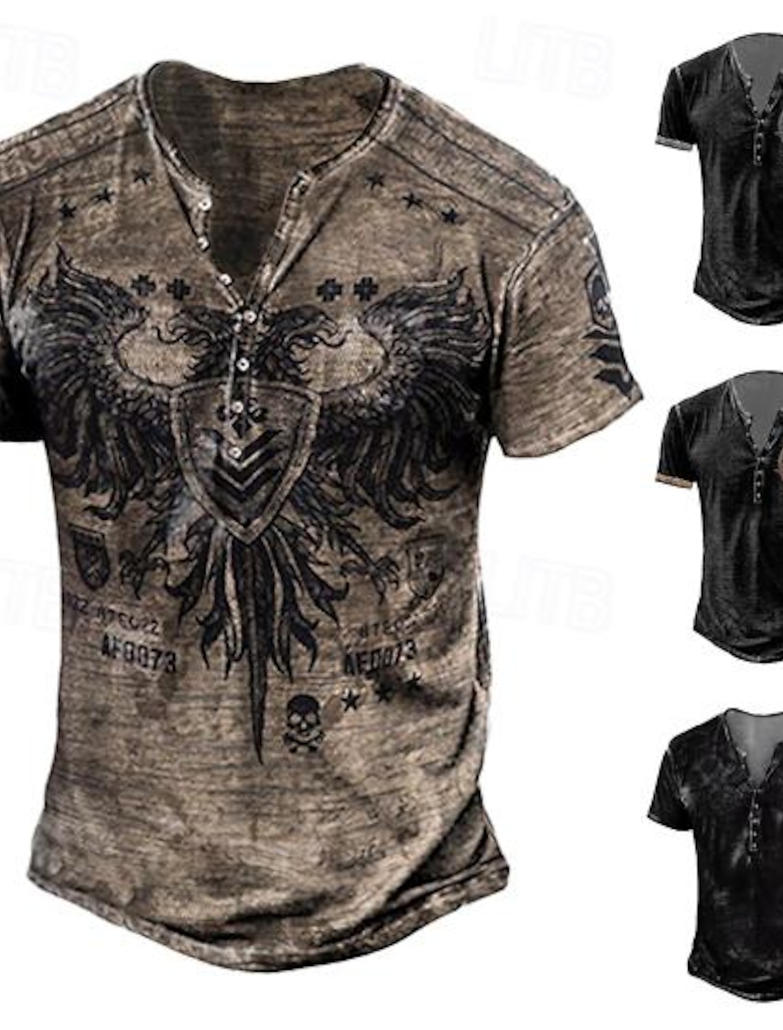 Men's T shirt Tee Henley Shirt Graphic Skull Eagle Henley Black-White Black / Gray Black Blue Brown Street Casual Short Sleeve Button-Down Print Clothing Apparel Stylish Vintage Basic Classic