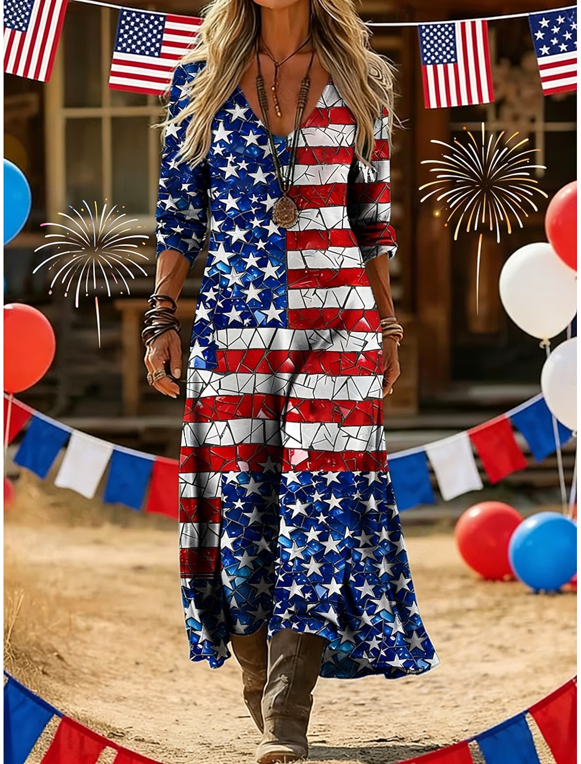 American Independence Day Women's Maxi Dress Slip Dress Party Daily Beach Loose Fit Stars and Stripes Sleeveless V Neck Spaghetti Strap White Summer Spring