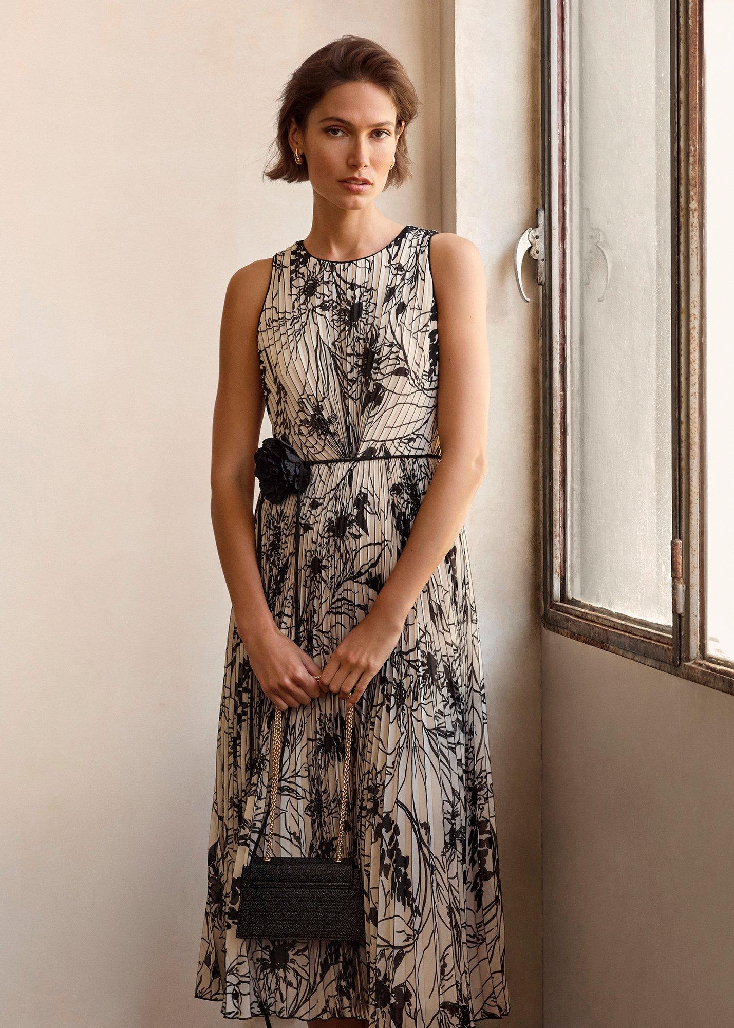 Sandra Printed Pleat Midi Dress