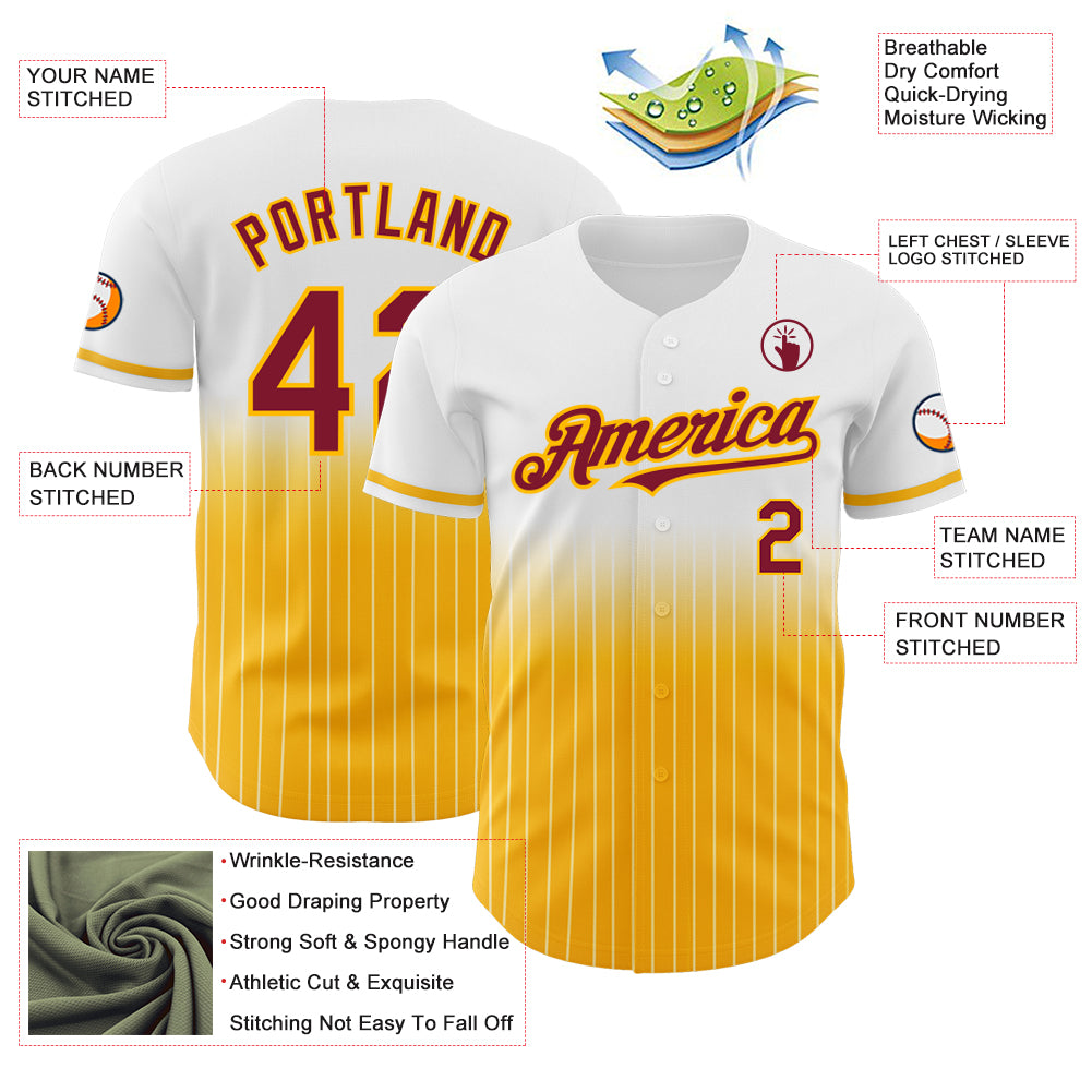 Custom White Pinstripe Crimson-Gold Authentic Fade Fashion Baseball Jersey