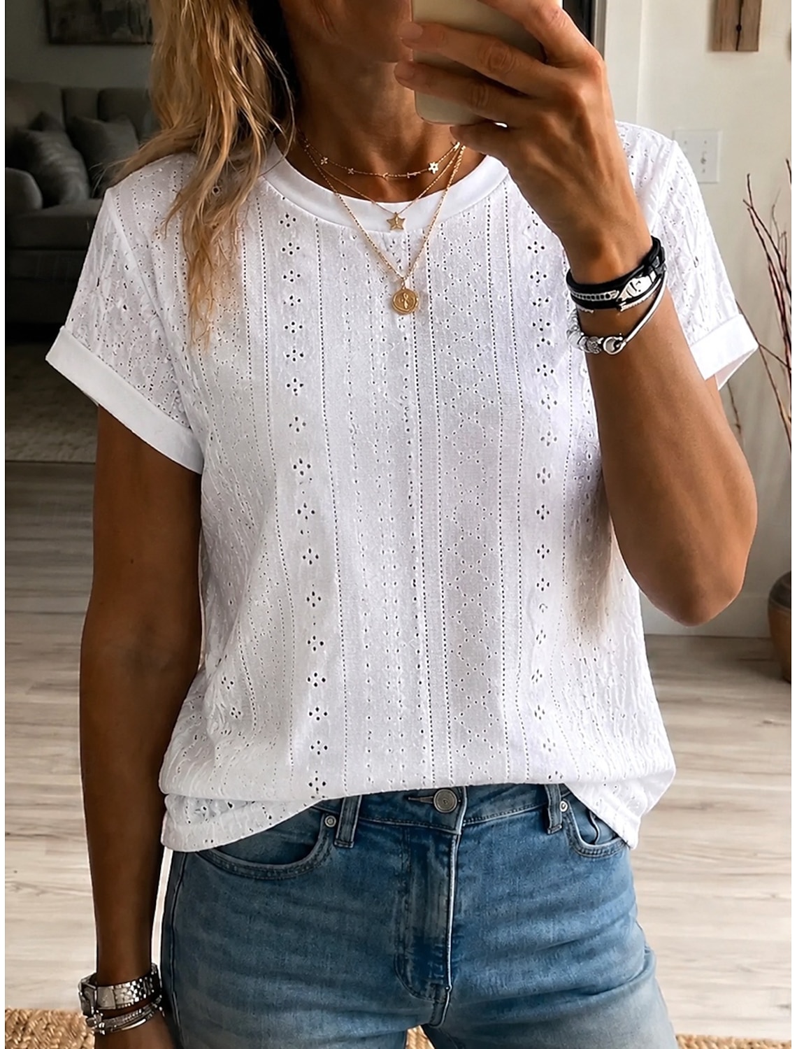 Women's Lace Tops Elegant Bohemia Fashion Short Sleeve Crew Neck Regular Tops Casual Daily Going out White Summer Spring