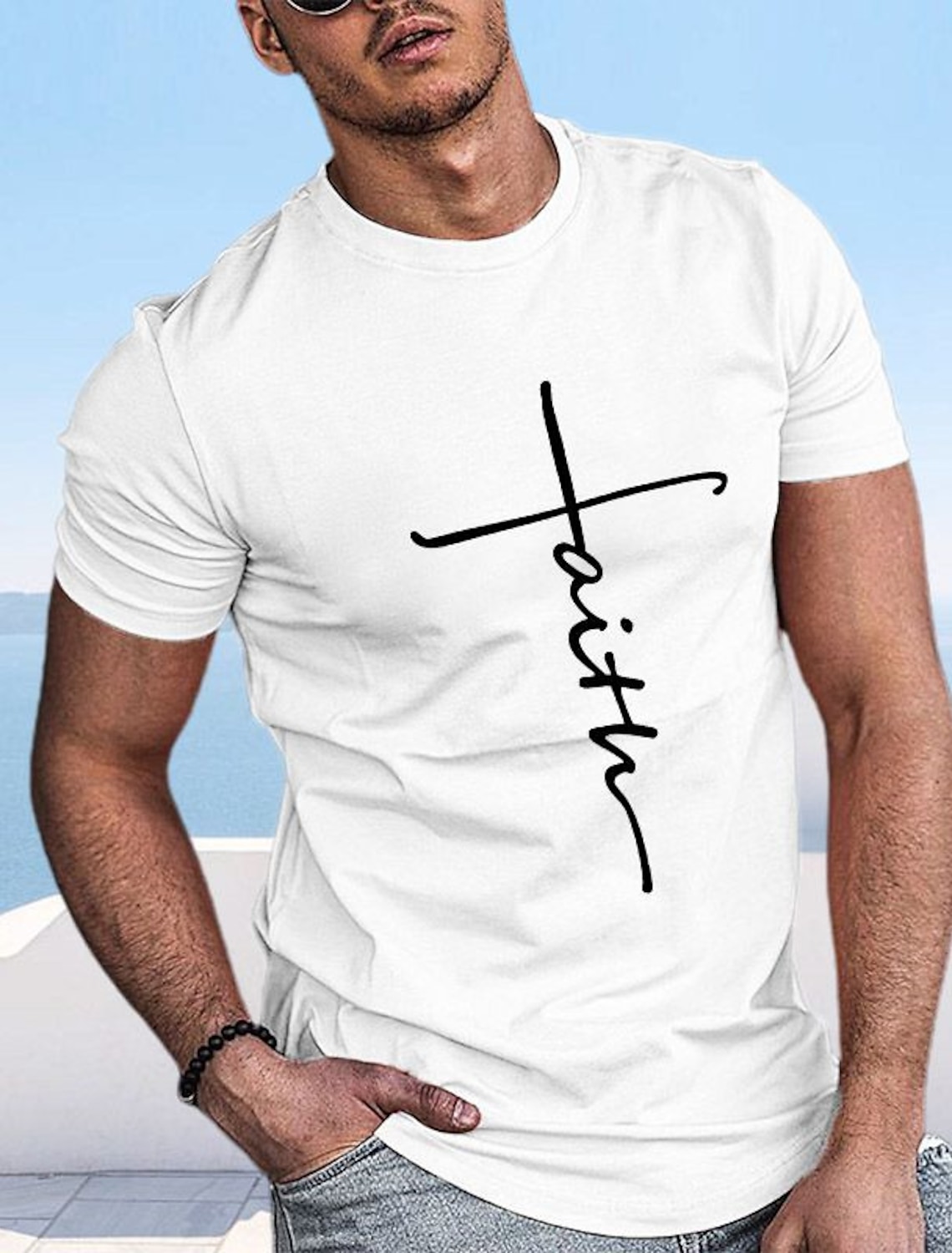 Mens Faith Hope Love T-Shirt, Christian Inspirational Graphic Tee with Heartbeat Cross Design