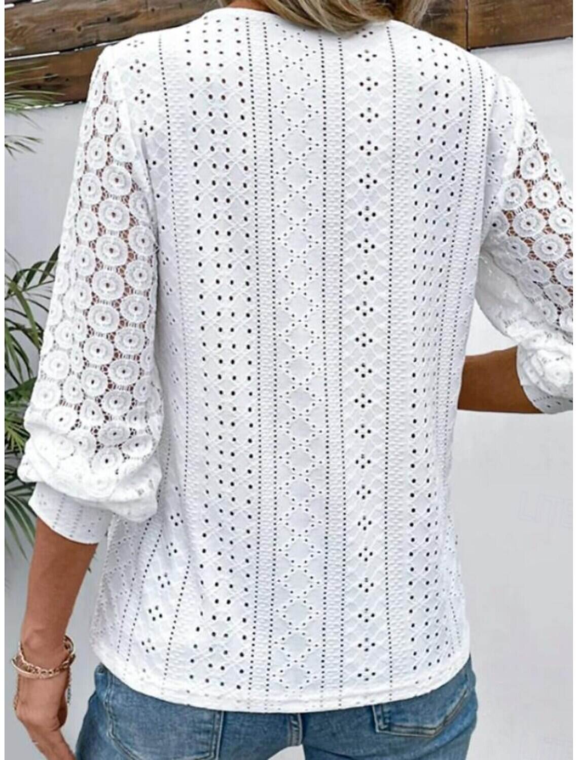 Women's Elegant Lace Tops Eyelet Blouse Stylish Modern Hollow Out Long Sleeve Regular Tops V Neck Work Daily Romantic Petite Tops Summer Holiday Wear Spring Fall