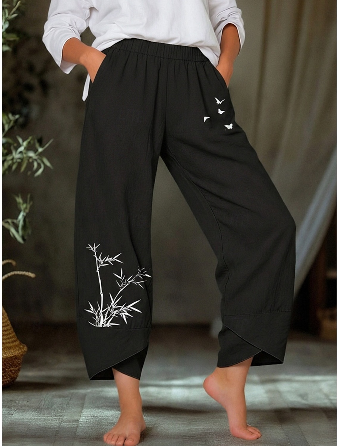 Women's Summer Pants 100% Cotton Pants Trousers Lightweight Casual Ankle-Length Low Rise Graphic Prints Pocket Breathability Comfortable Inelastic Casual Daily Weekend Navy Black ash-colored Summer